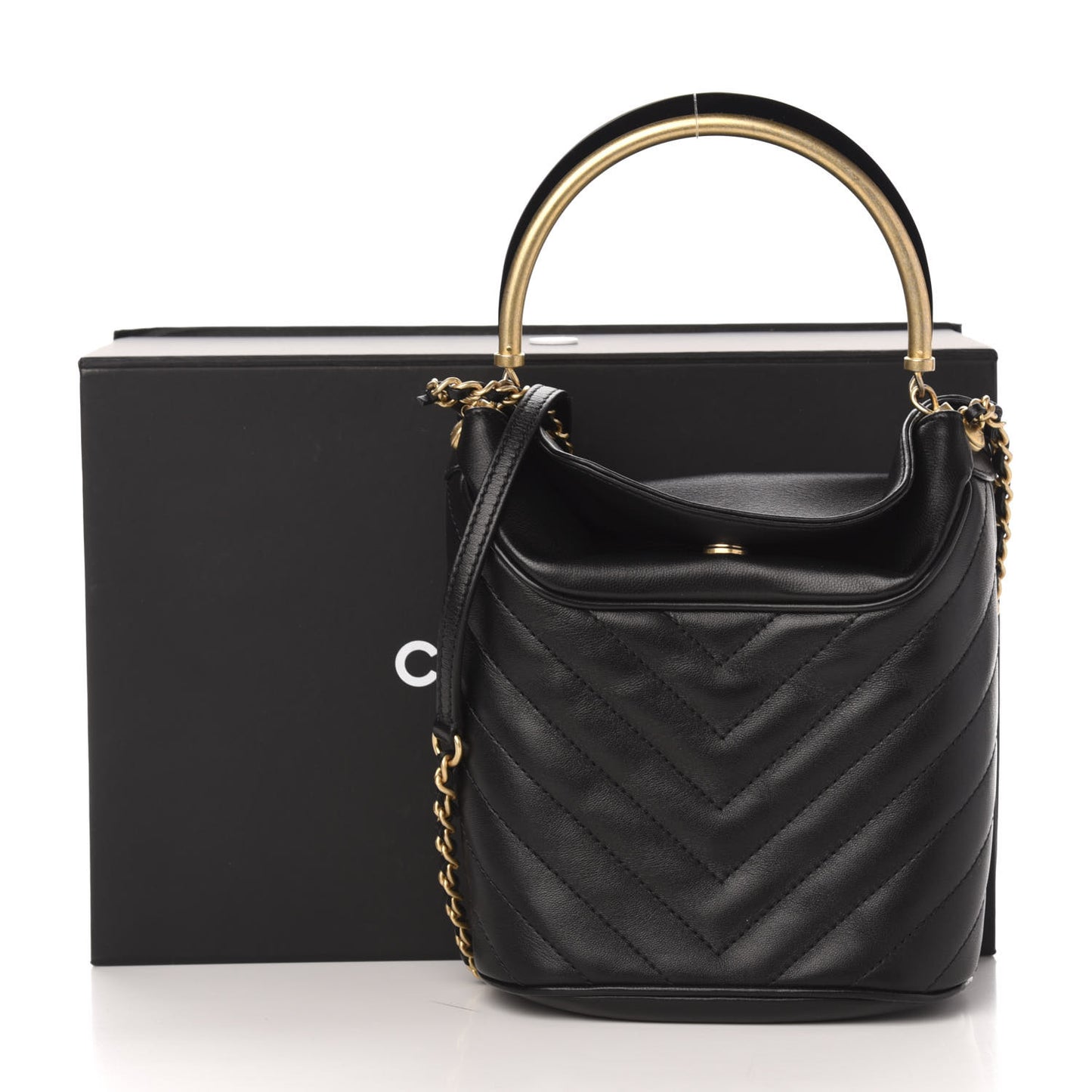 Lambskin Chevron Quilted Handle With Chic Bucket Bag Black