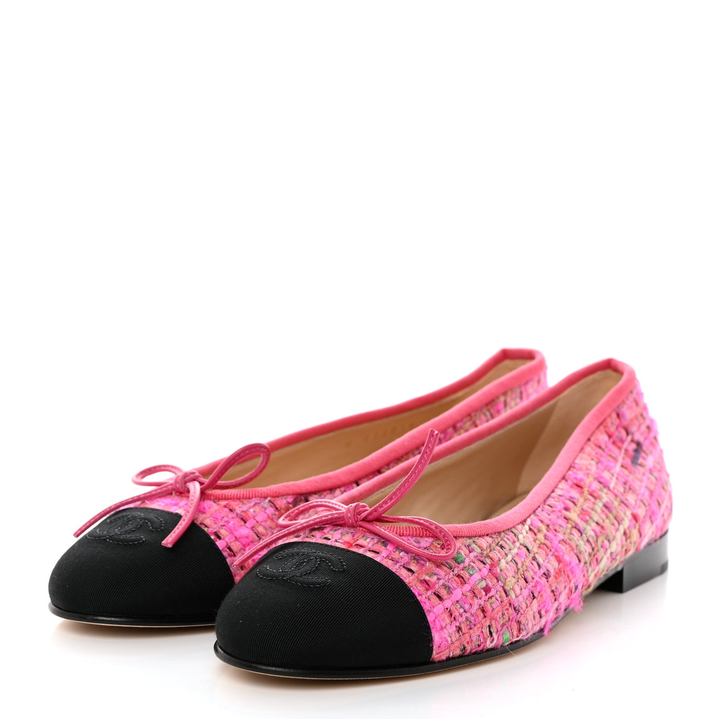 Tweed Grosgrain Cap Toe Ballerina Flats 37 Pink Black