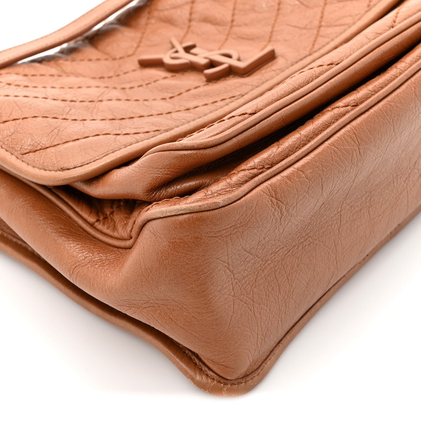 Crinkled Calfskin Matelasse Monogram Medium Niki Chain Satchel Caramel