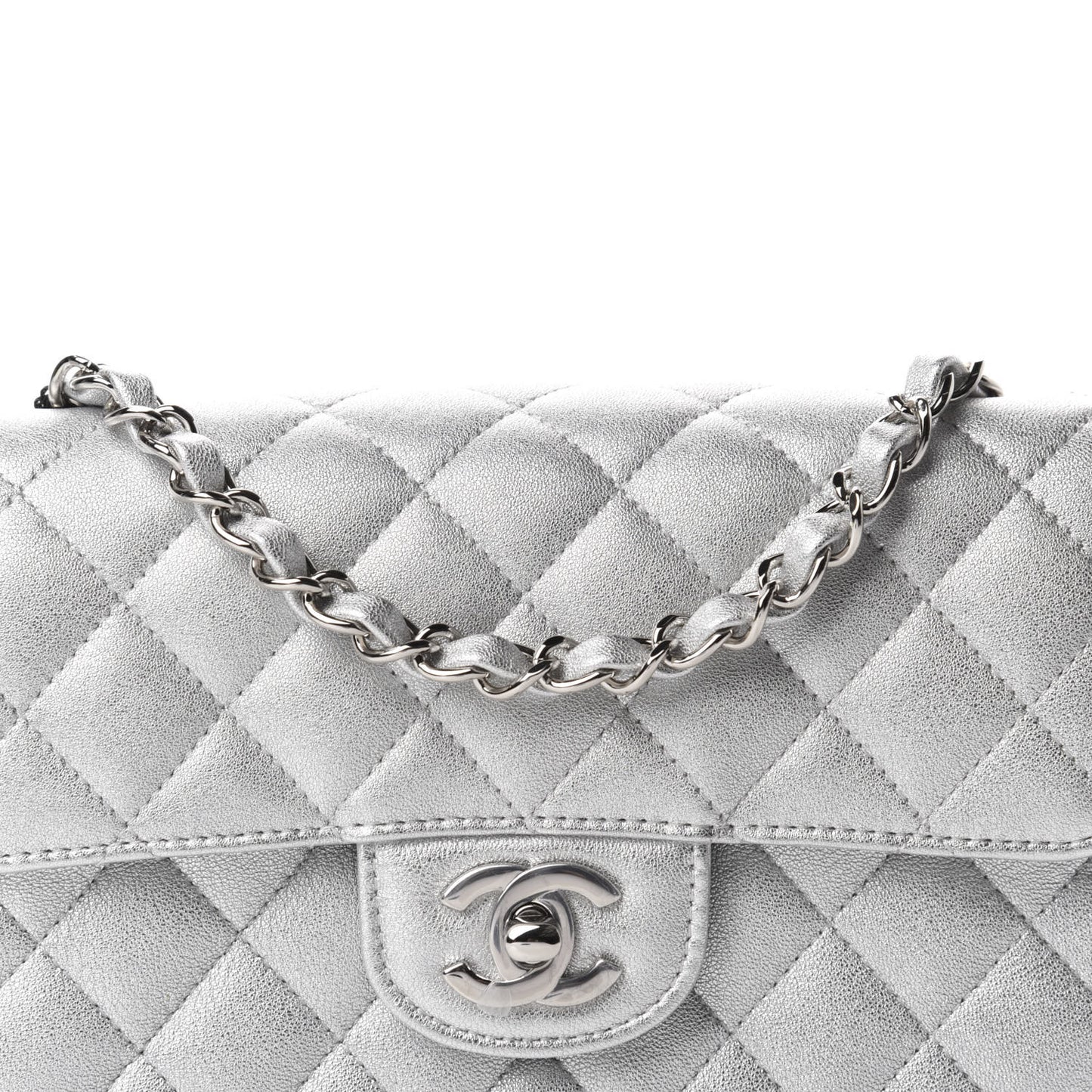 Metallic Lambskin Quilted Mini Rectangular Flap Silver