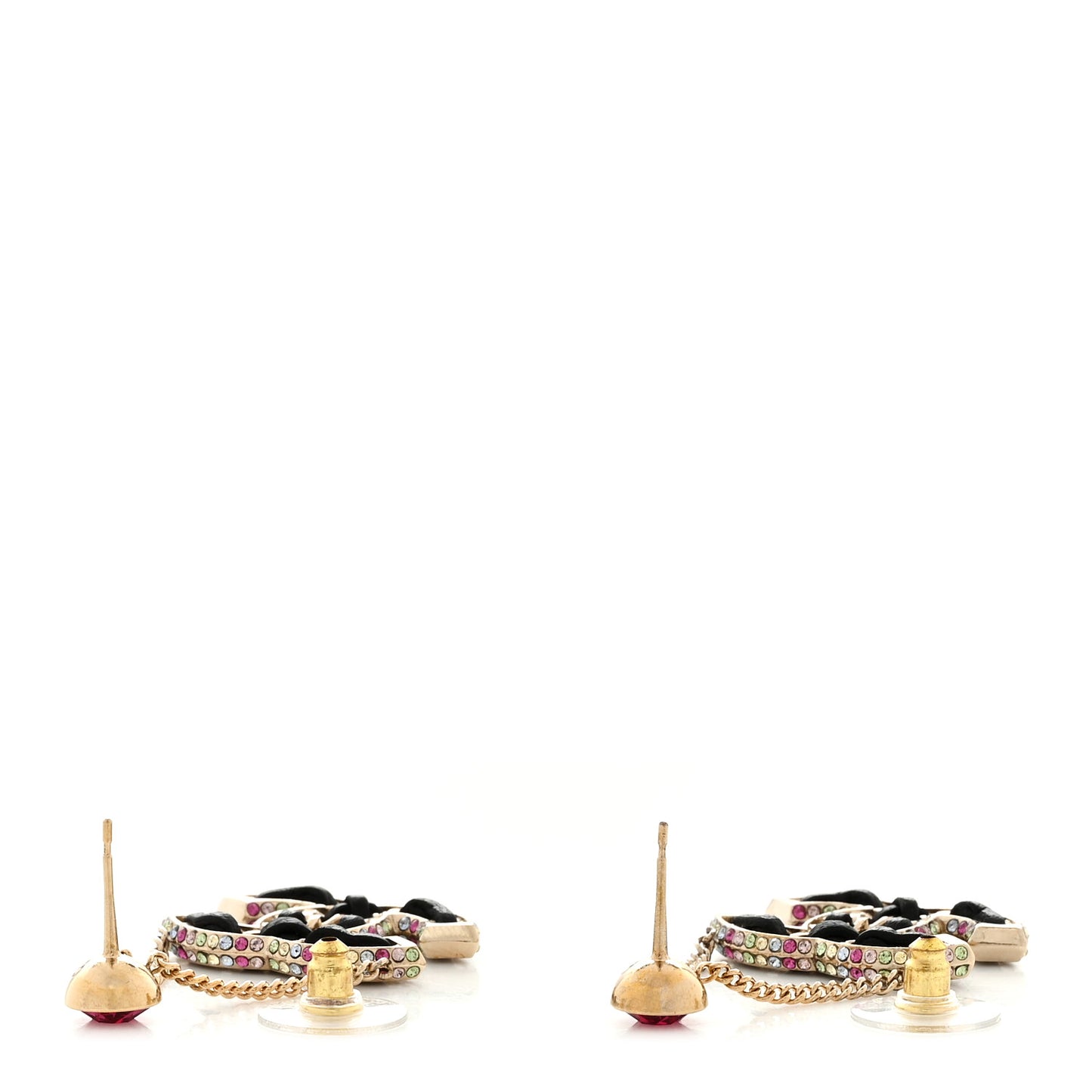 Metal Lambskin Crystal CC Chain Drop Earrings Black Gold Pink Multicolor