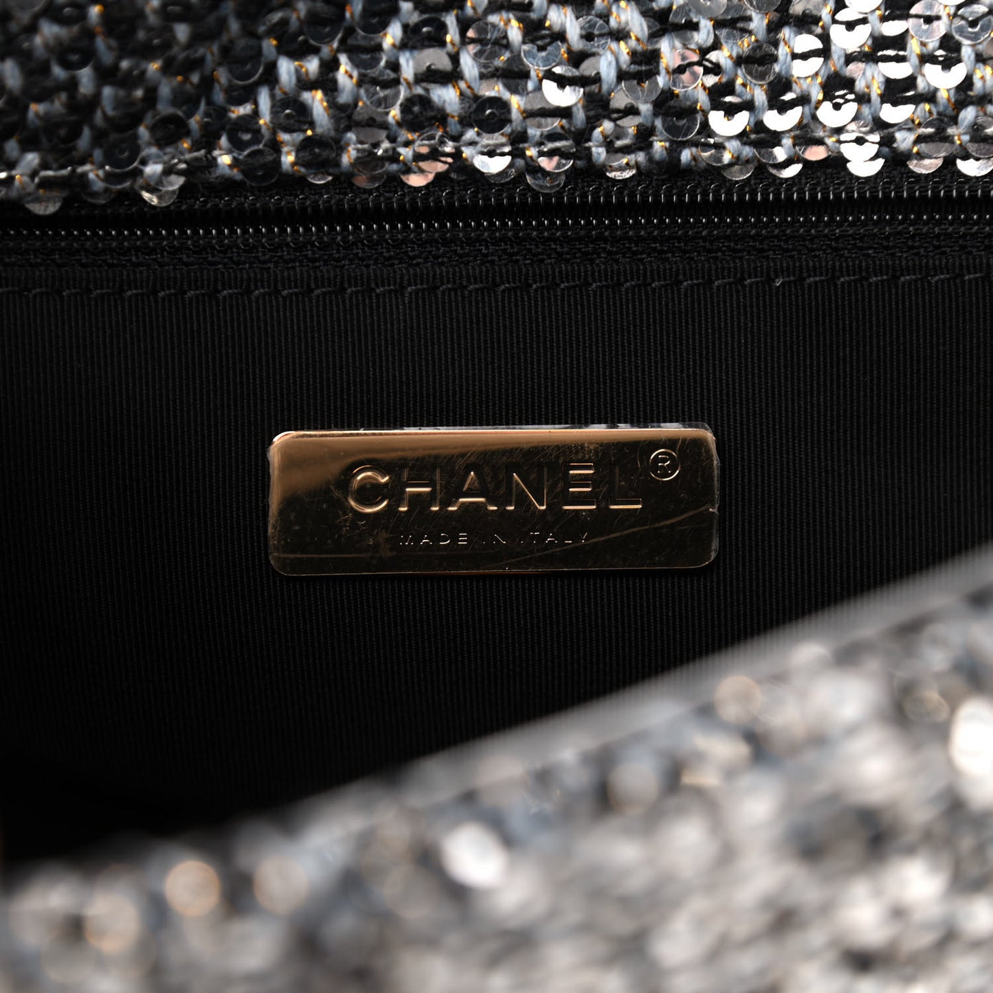 Sequin Quilted Medium Chanel 19 Flap Silver