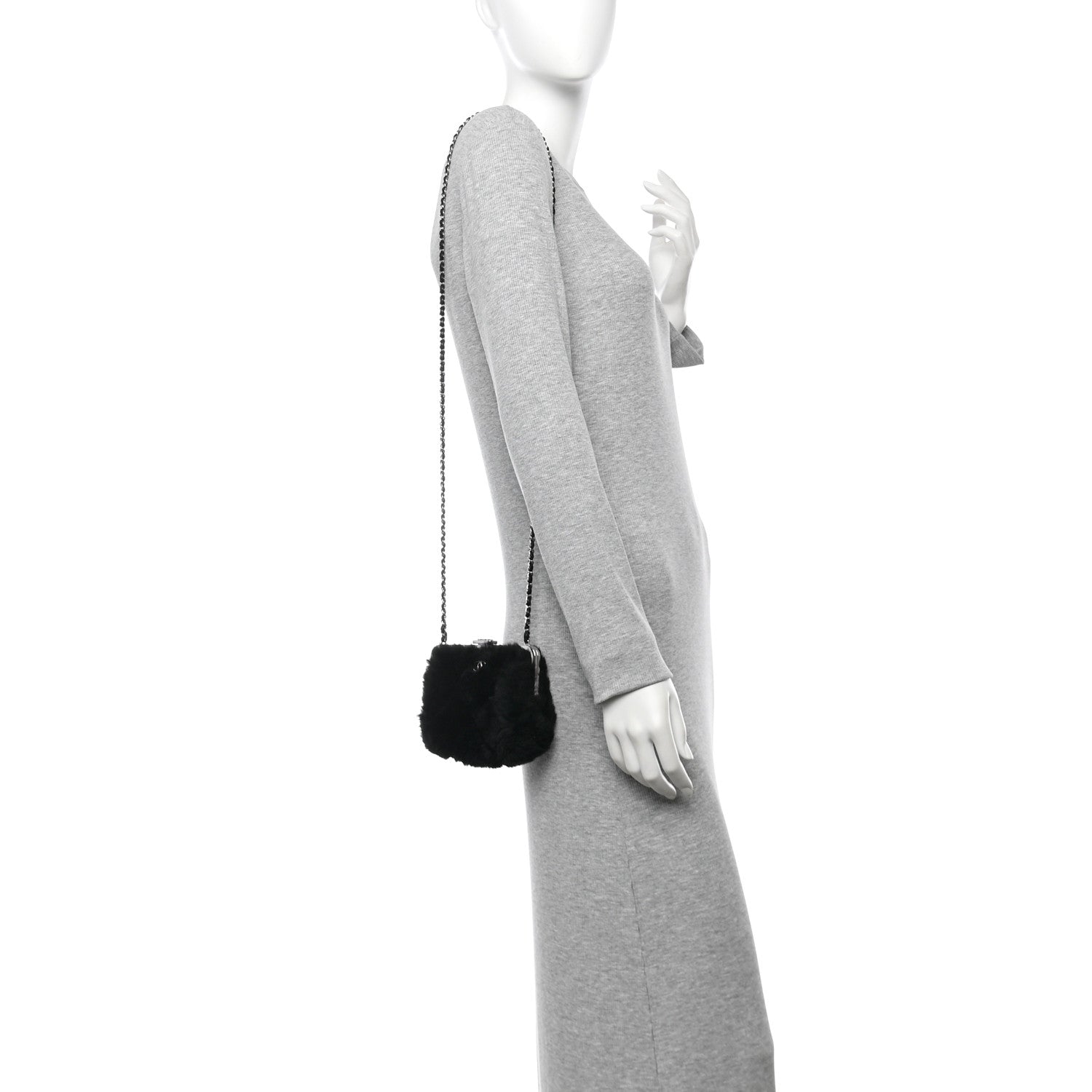 Chanel Shearling Sheepskin Lambskin Quilted Clutch With Chain Black 2 of 10