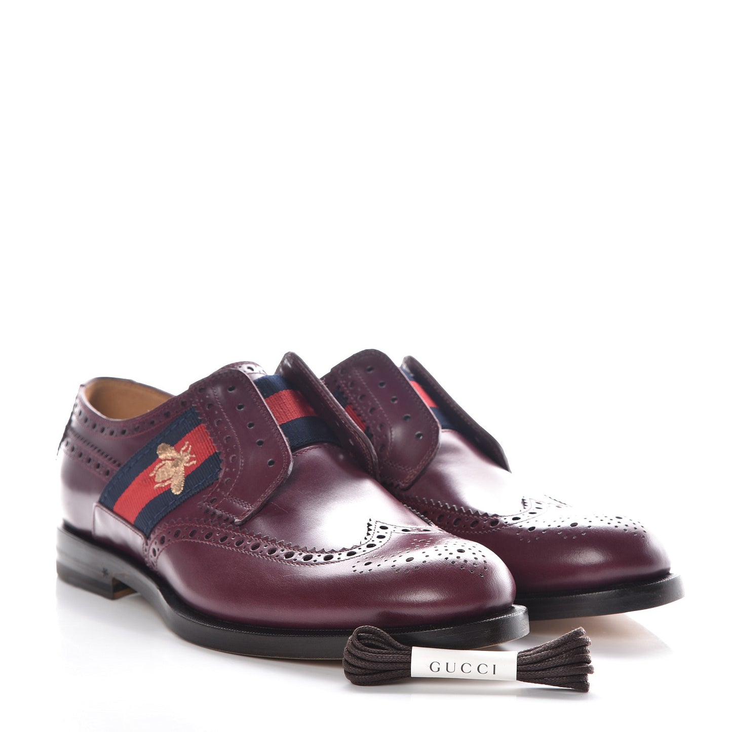 Calfskin Web Bee Embroidered Mens Slip-On Brogue Wingtip Derby Shoes 6.5 Bordeaux