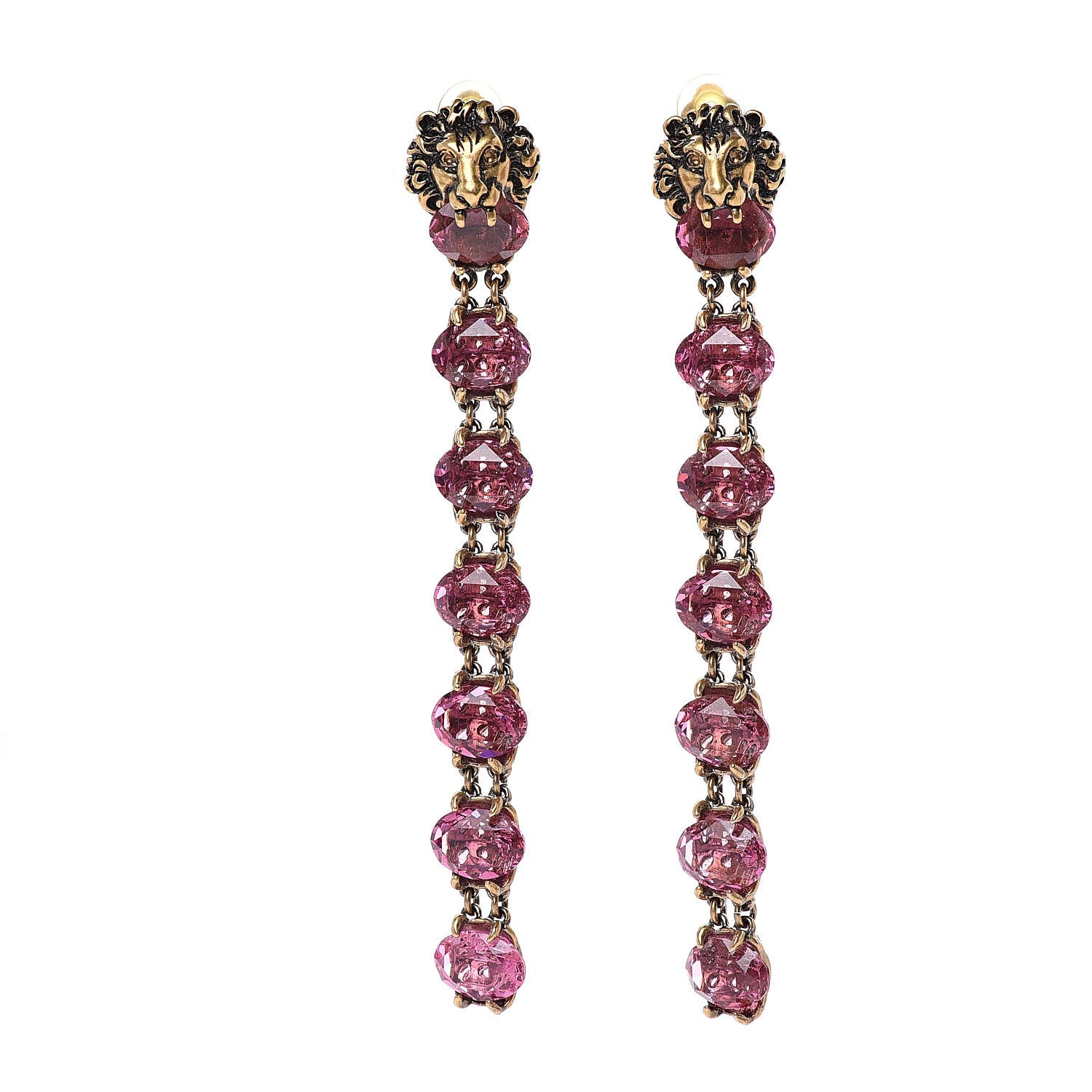 Gucci Crystal Metal Lionhead Drop Earrings Rosa Aged Gold 1 of 4