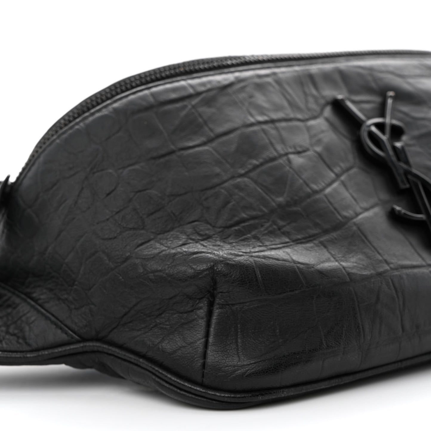 Calfskin Crocodile Embossed Monogram Belt Bag Black