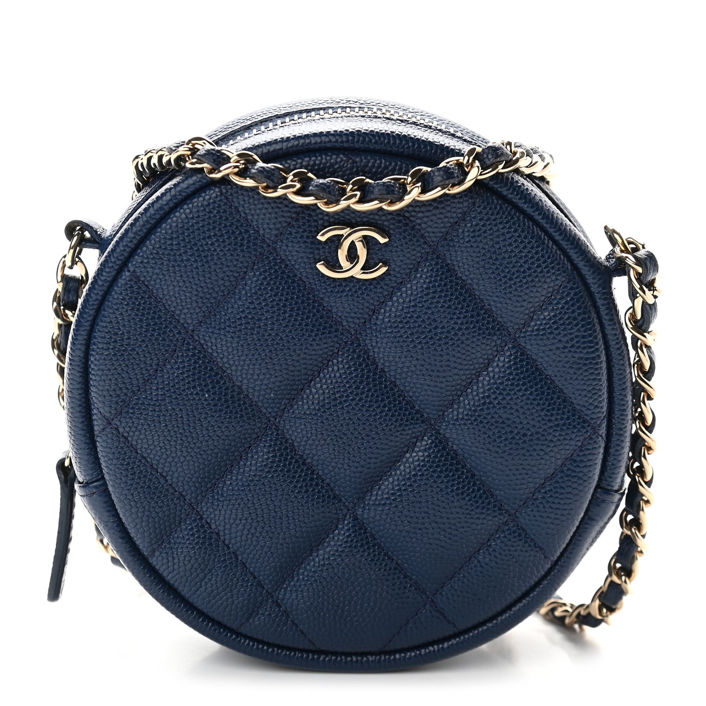 Caviar Quilted Round Clutch With Chain Navy
