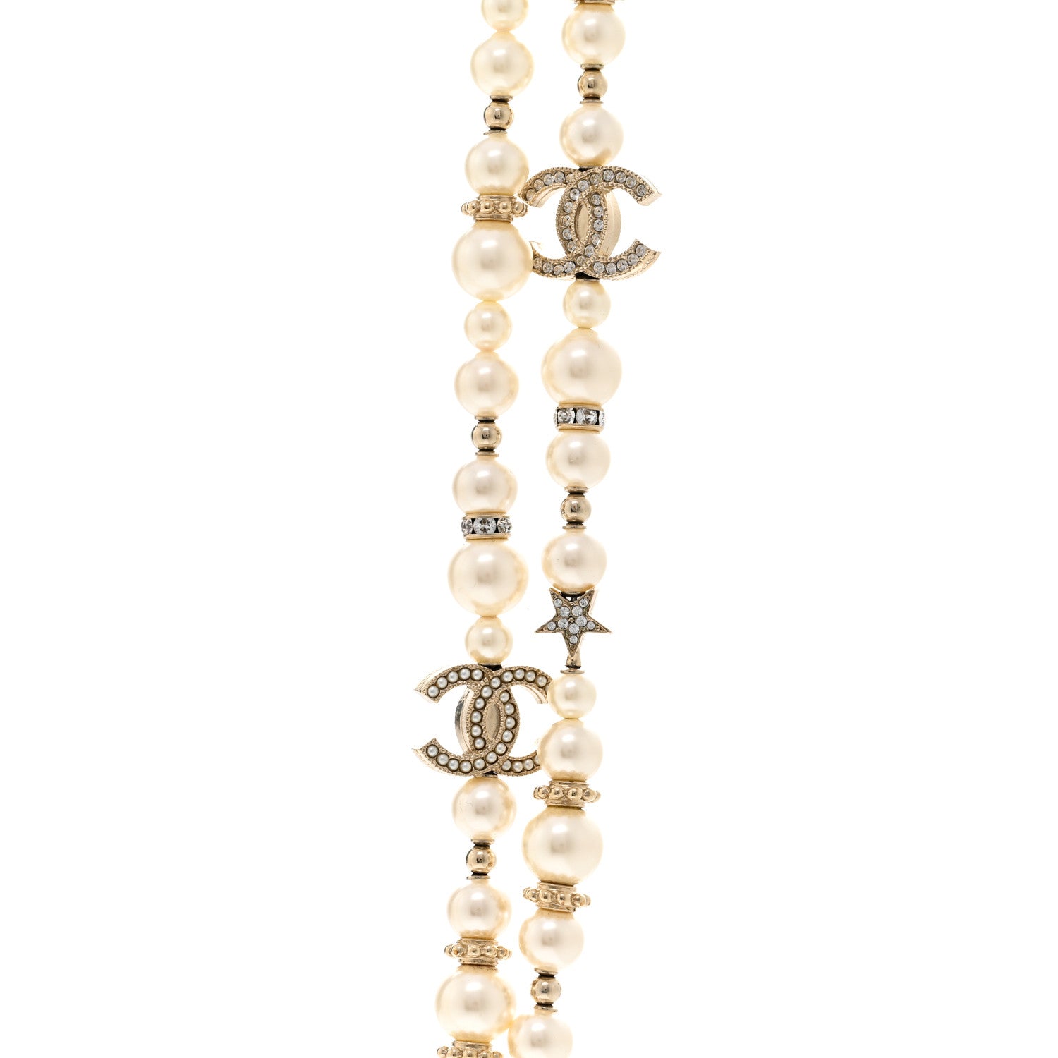 Chanel Metal Crystal Pearl CC Star Long Necklace Gold 4 of 6