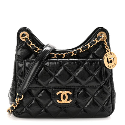 Chanel Shiny Crumpled Calfskin Quilted Small Wavy CC Hobo Black 1 of 11
