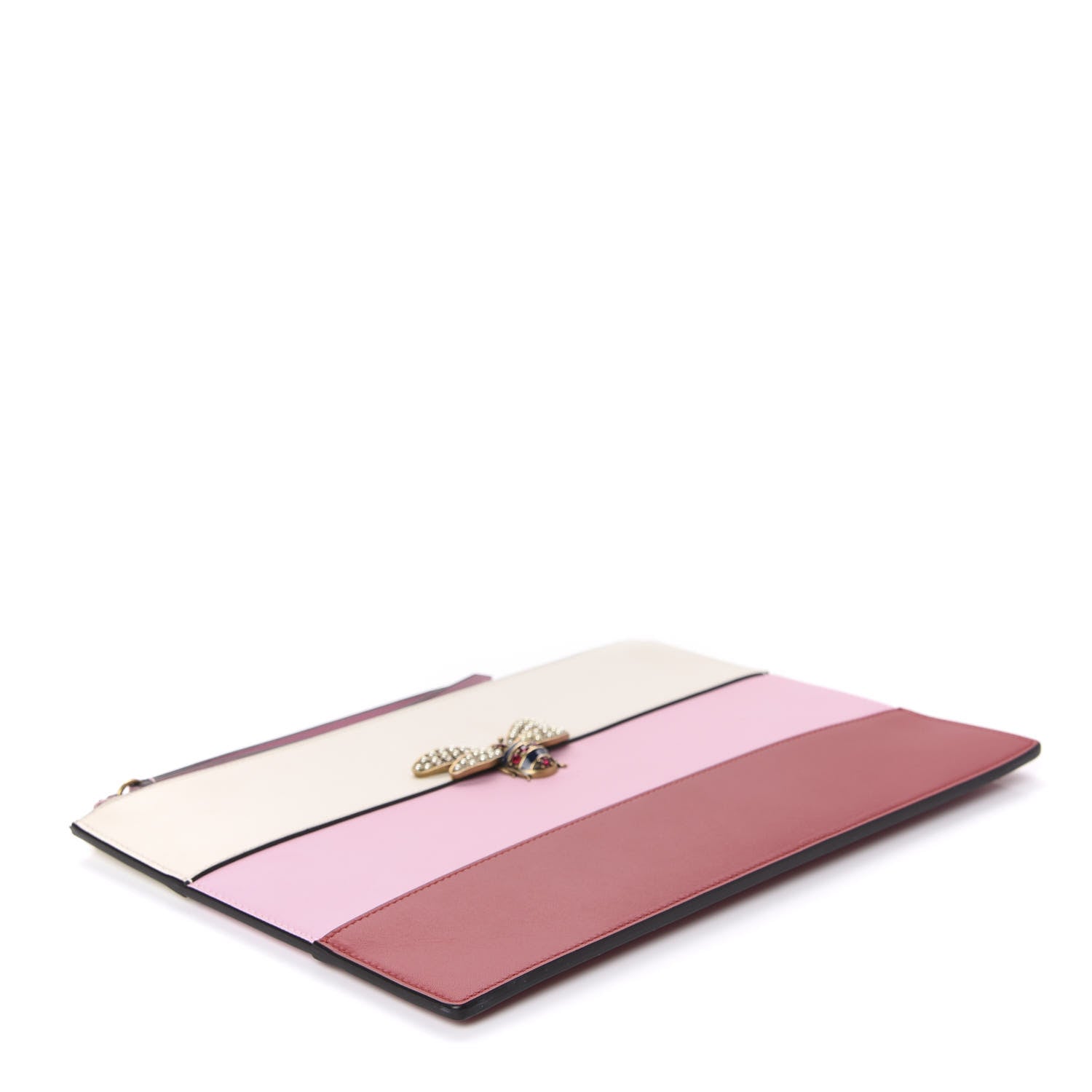 Gucci Calfskin Striped Oversized Bee Zip Pouch White Pink Red 4 of 9