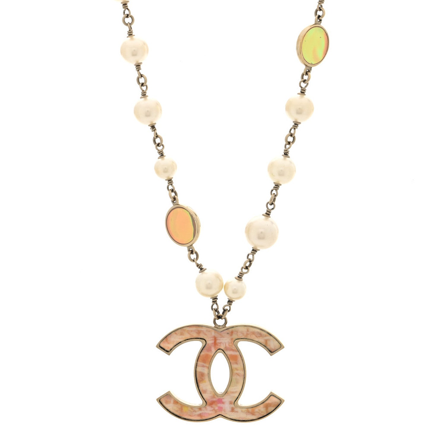 Chanel Metal Pearl Resin CC Pendant Necklace Gold Multicolor 1 of 5
