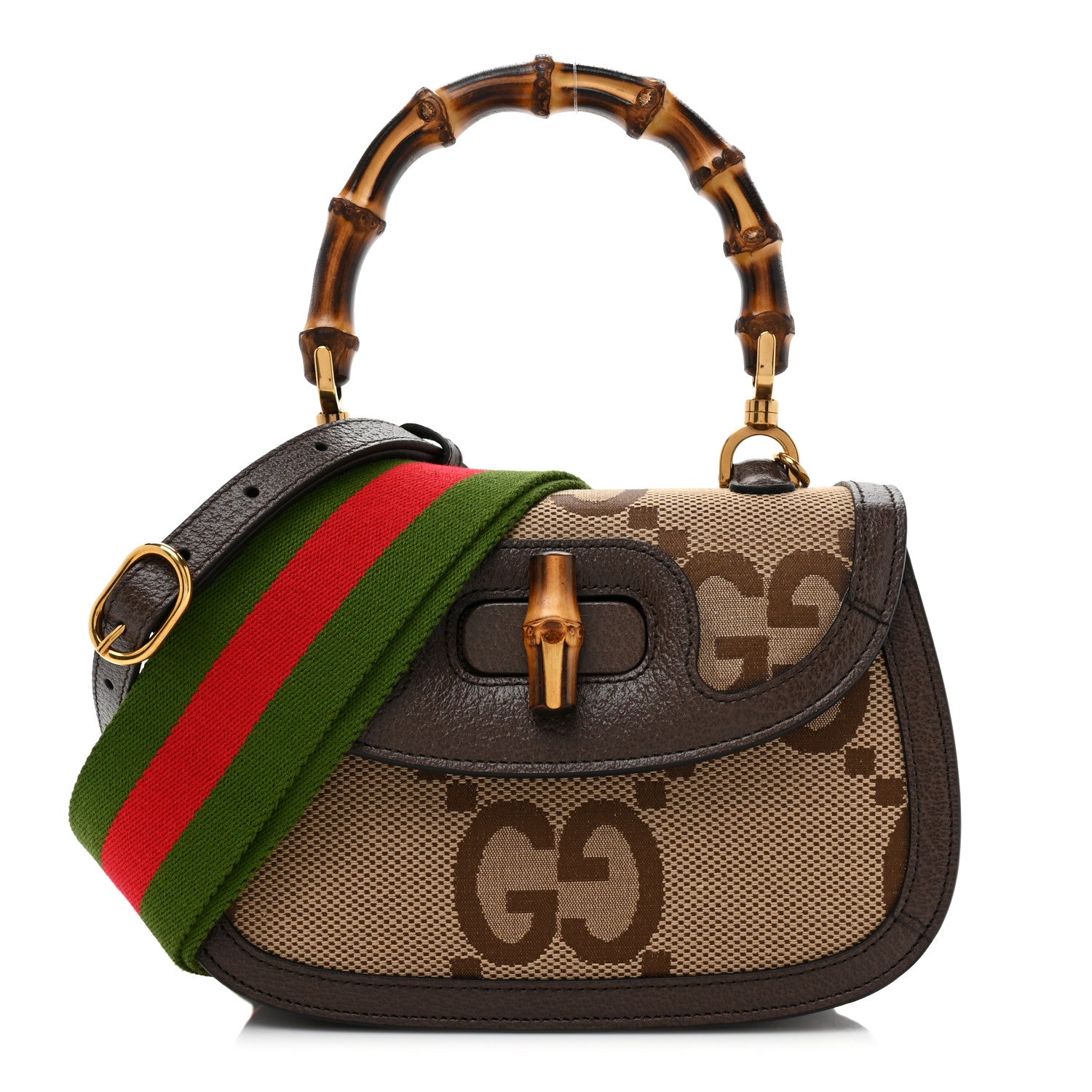 Gucci Monogram Jumbo GG Textured Dollar Calfskin Web Small Bamboo 1947 Top Handle Bag Camel Ebony New Acero 1 of 10