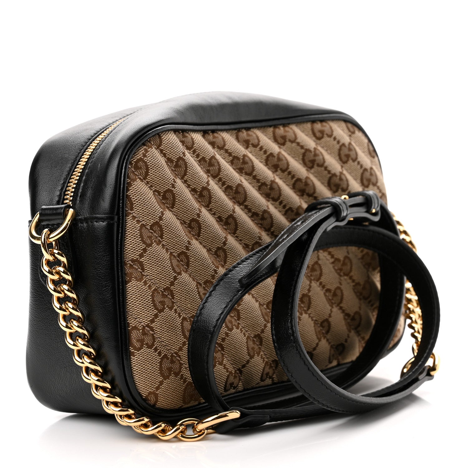 Gucci Monogram Matelasse Diagonal Small GG Marmont Chain Shoulder Bag Beige Black 3 of 11