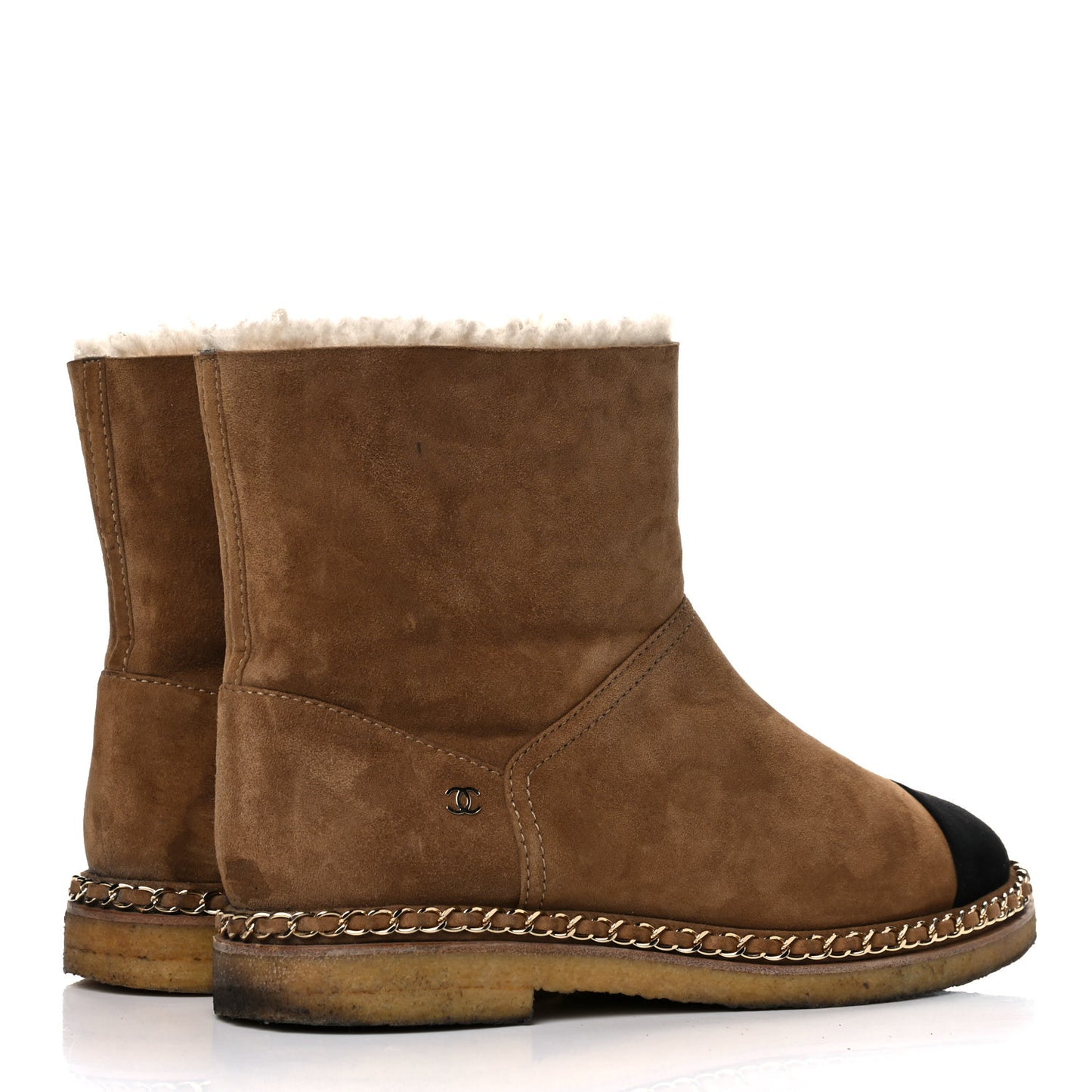 Kid Suede Shearling Womens Cap Toe Chain Short Boots 40.5 Light Brown Black