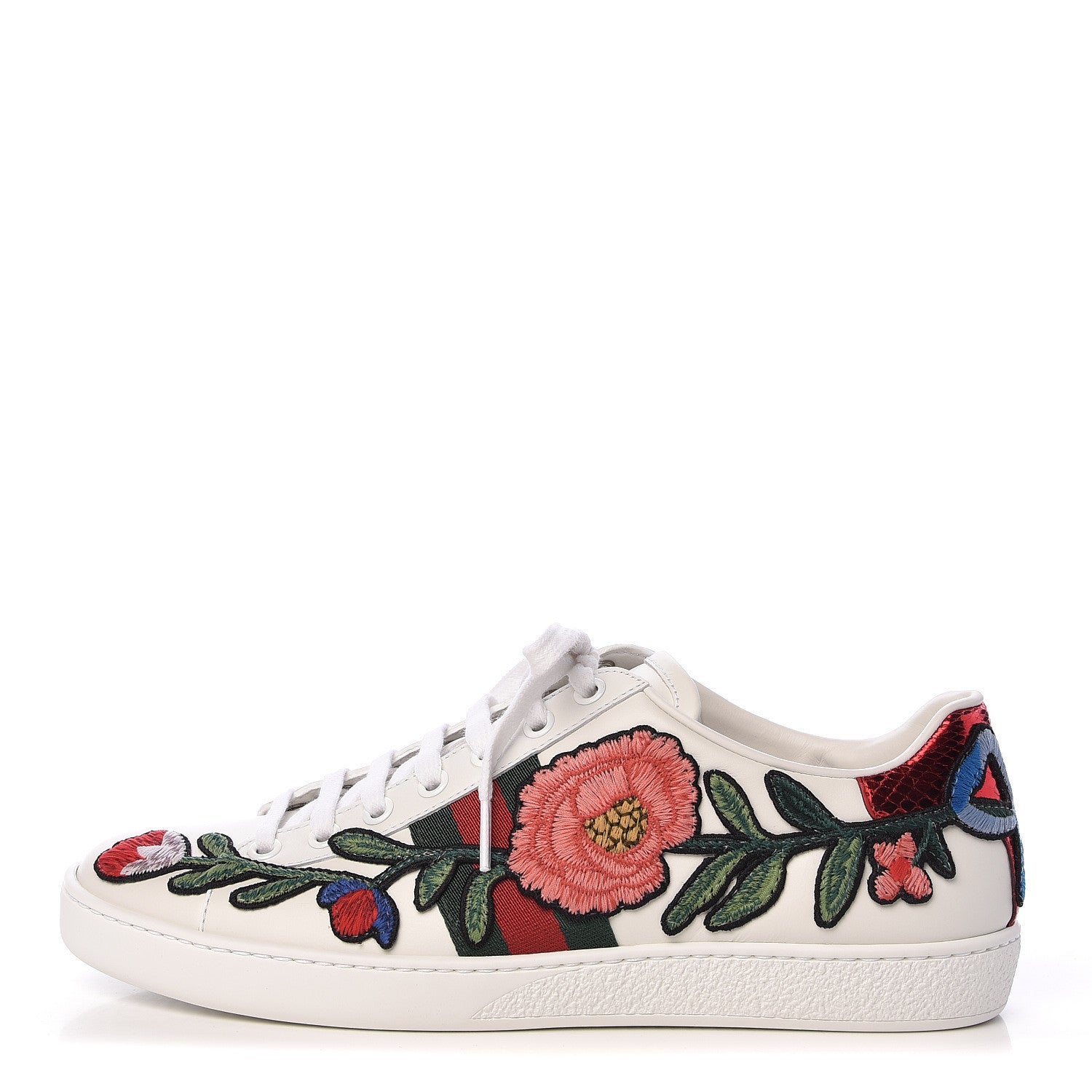 Gucci Calfskin Web Floral Embroidered Womens Ace Sneakers 37.5 White 1 of 12