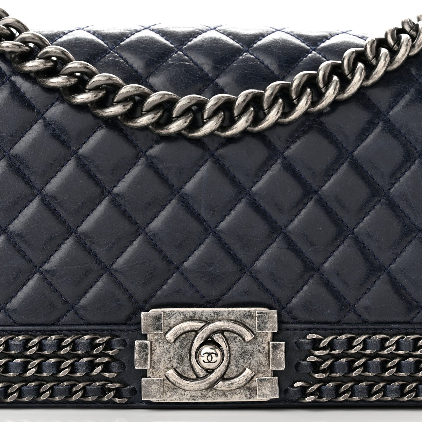 Glazed Calfskin Quilted Medium Boy Chained Flap Blue