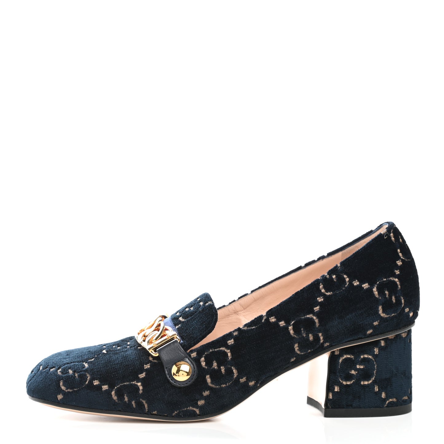 Velvet GG Monogram Sylvie Web Chain Mid Heel Loafers 37 Blue Beige