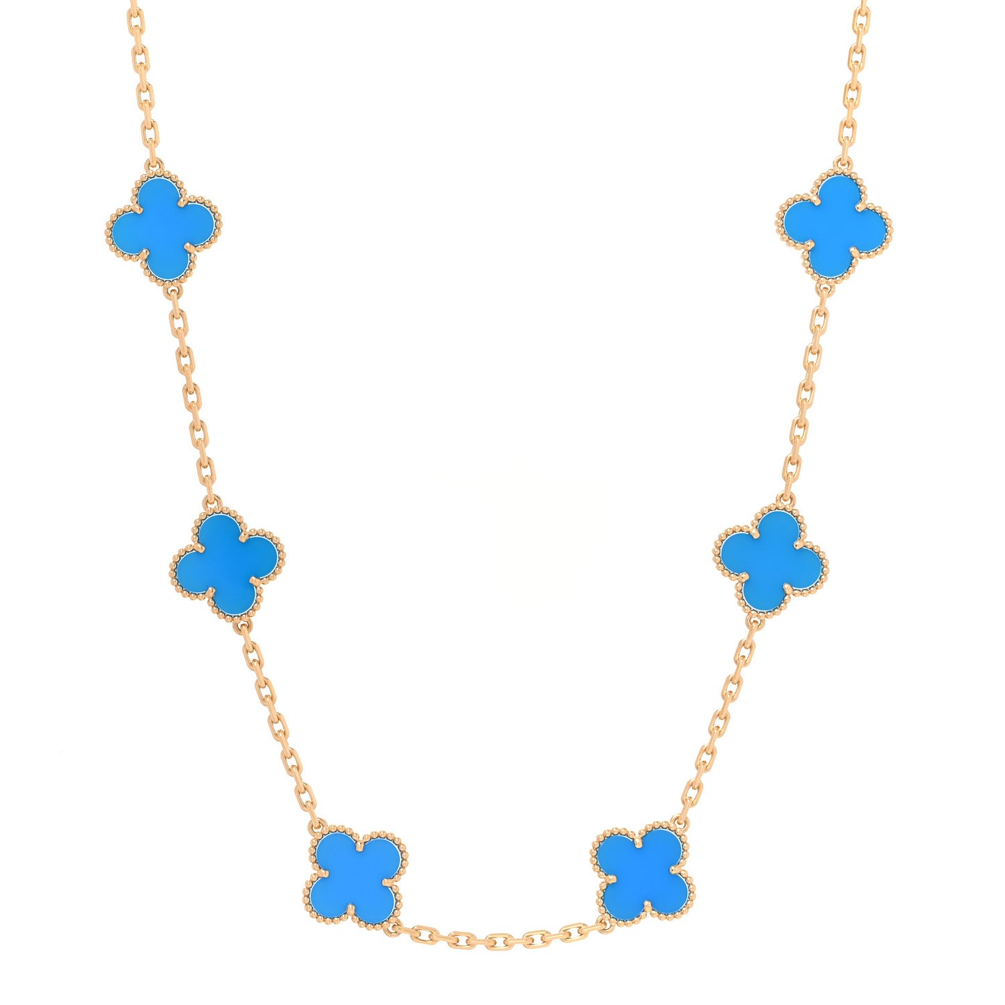 18K Yellow Gold Blue Agate 10 Motifs Vintage Alhambra Necklace