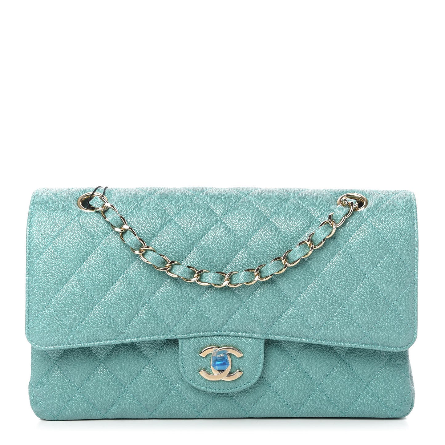 Iridescent Caviar Quilted Medium Double Flap Green