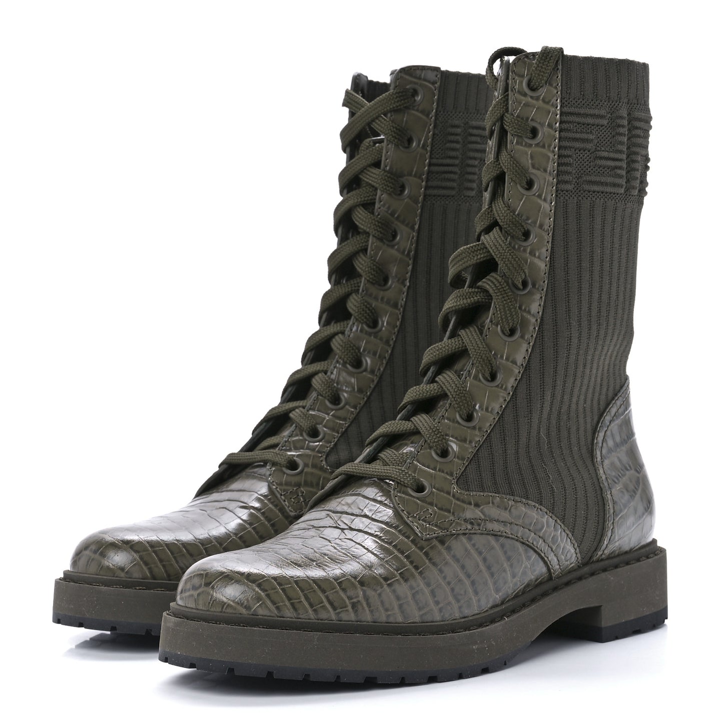 Vitello Stretch Fabric 3D FF Croc Embossed Womens Combat Boots 37.5 Illinois Oliva