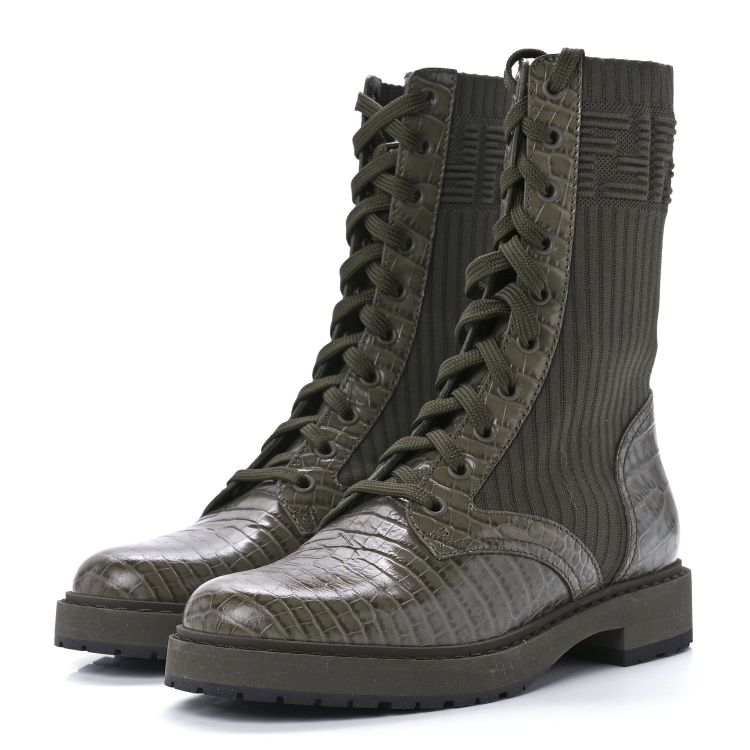 Fendi Vitello Stretch Fabric 3D FF Croc Embossed Womens Combat Boots 37.5 Illinois Oliva 3 of 8