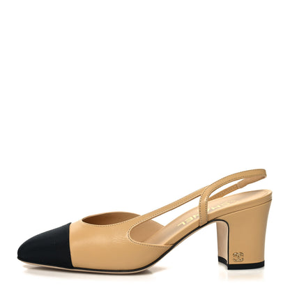 Chanel Goatskin Grosgrain Cap Toe CC Slingback Pumps 39 Beige Black 1 of 9
