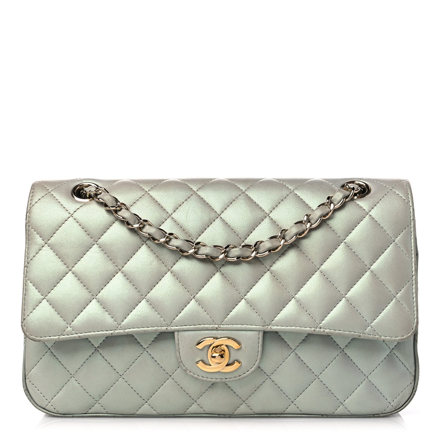 Iridescent Lambskin Quilted Medium Double Flap Light Blue