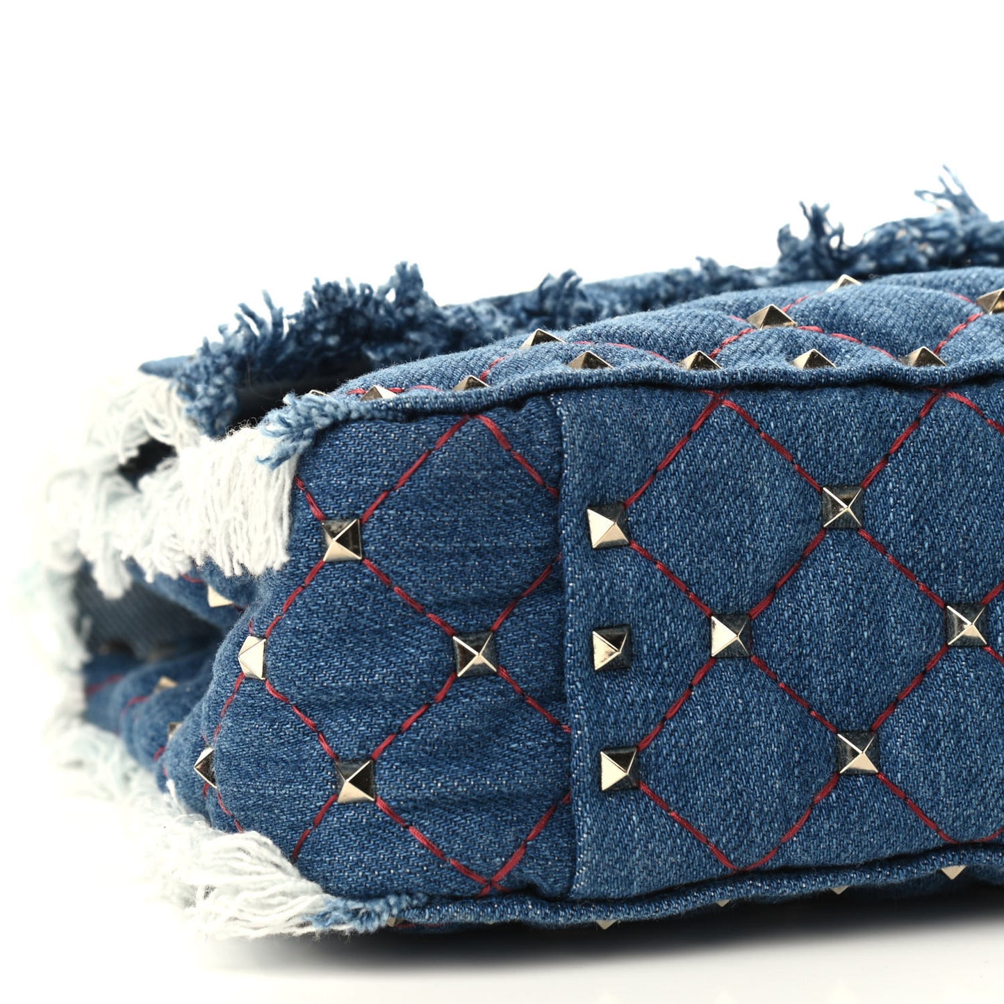 Denim Fringe Medium Rockstud Spike Shoulder Bag Blue