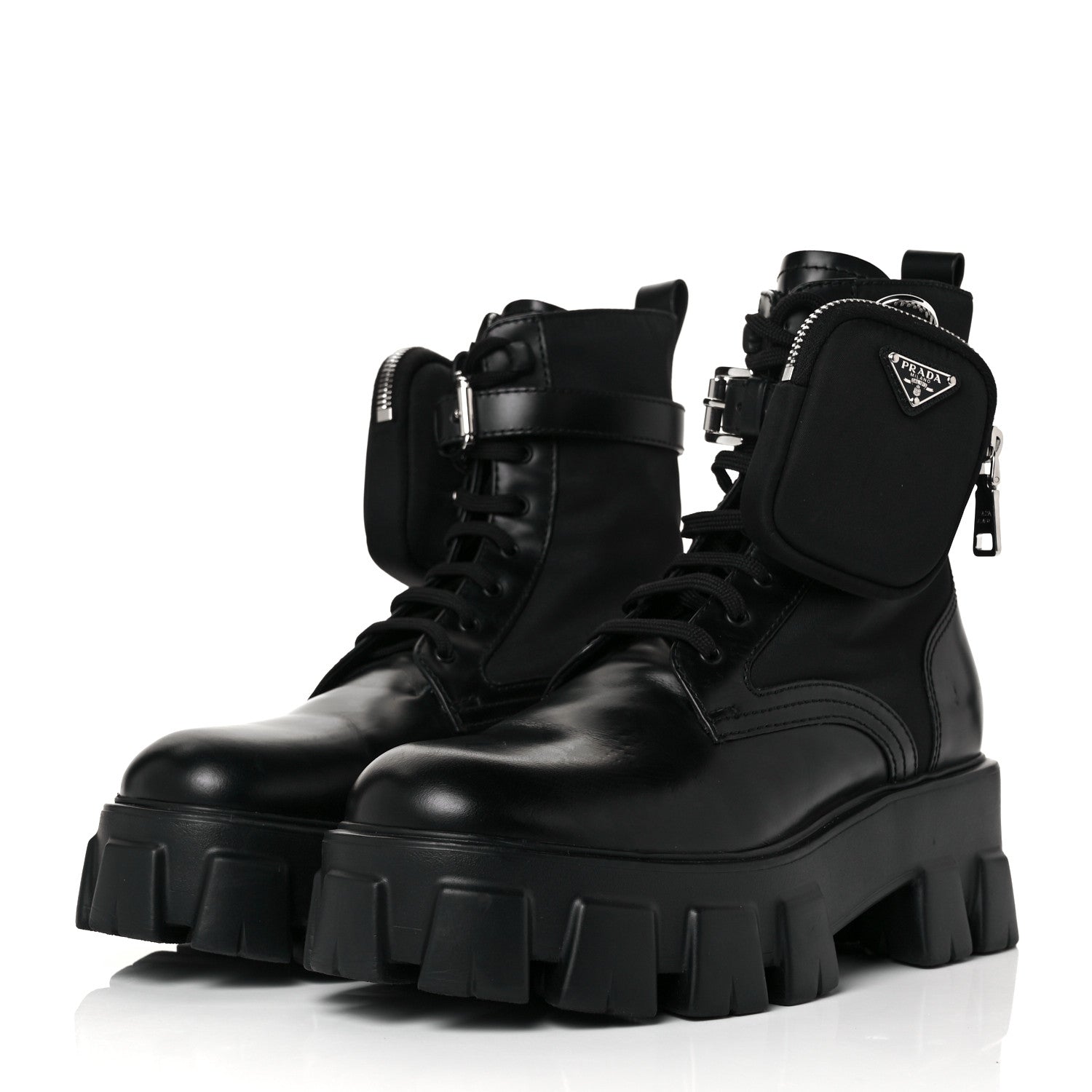 Prada Spazzolato Rois Re-Nylon Metal Triangle Logo Monolith Pouch Pocket 55mm Boots 39.5 Black 6 of 12