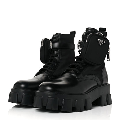 Prada Spazzolato Rois Re-Nylon Metal Triangle Logo Monolith Pouch Pocket 55mm Boots 39.5 Black 6 of 12