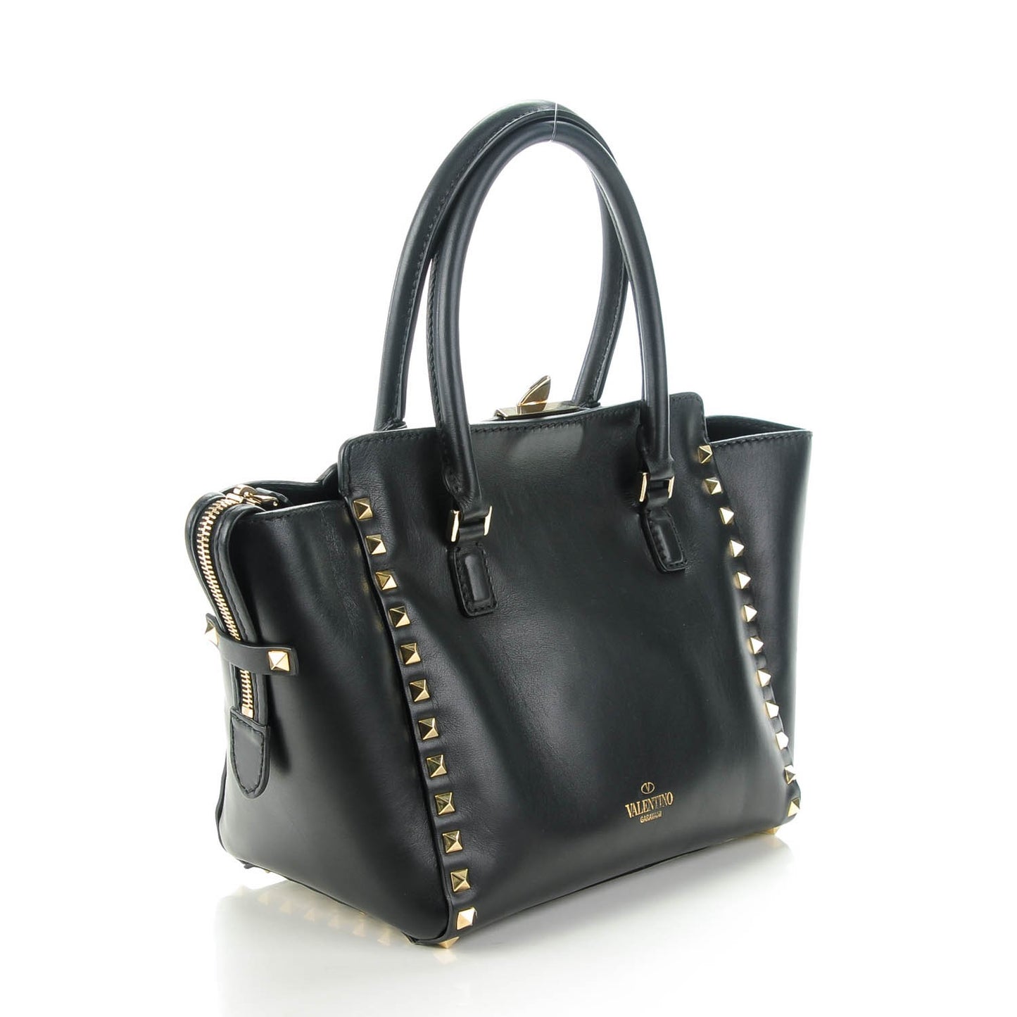Vitello Small Rockstud Double Handle Tote Black