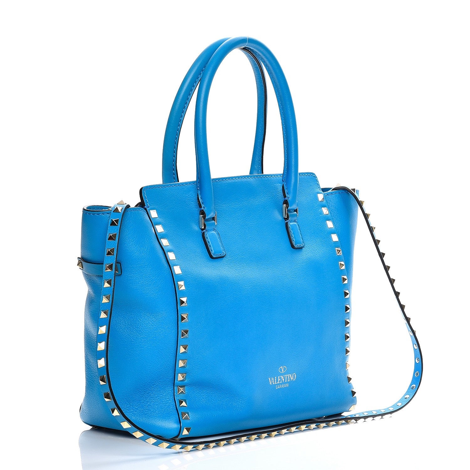Valentino Garavani Vitello Rockstud Double Handle Tote Blue Fluo 4 of 9