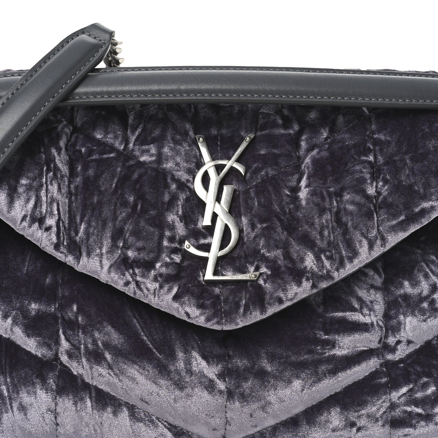 Saint Laurent Crushed Velvet Quilted Small Loulou Puffer Monogram Chain Satchel Iron Grey 8 of 10