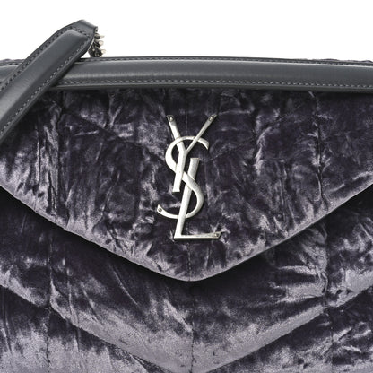 Saint Laurent Crushed Velvet Quilted Small Loulou Puffer Monogram Chain Satchel Iron Grey 8 of 10