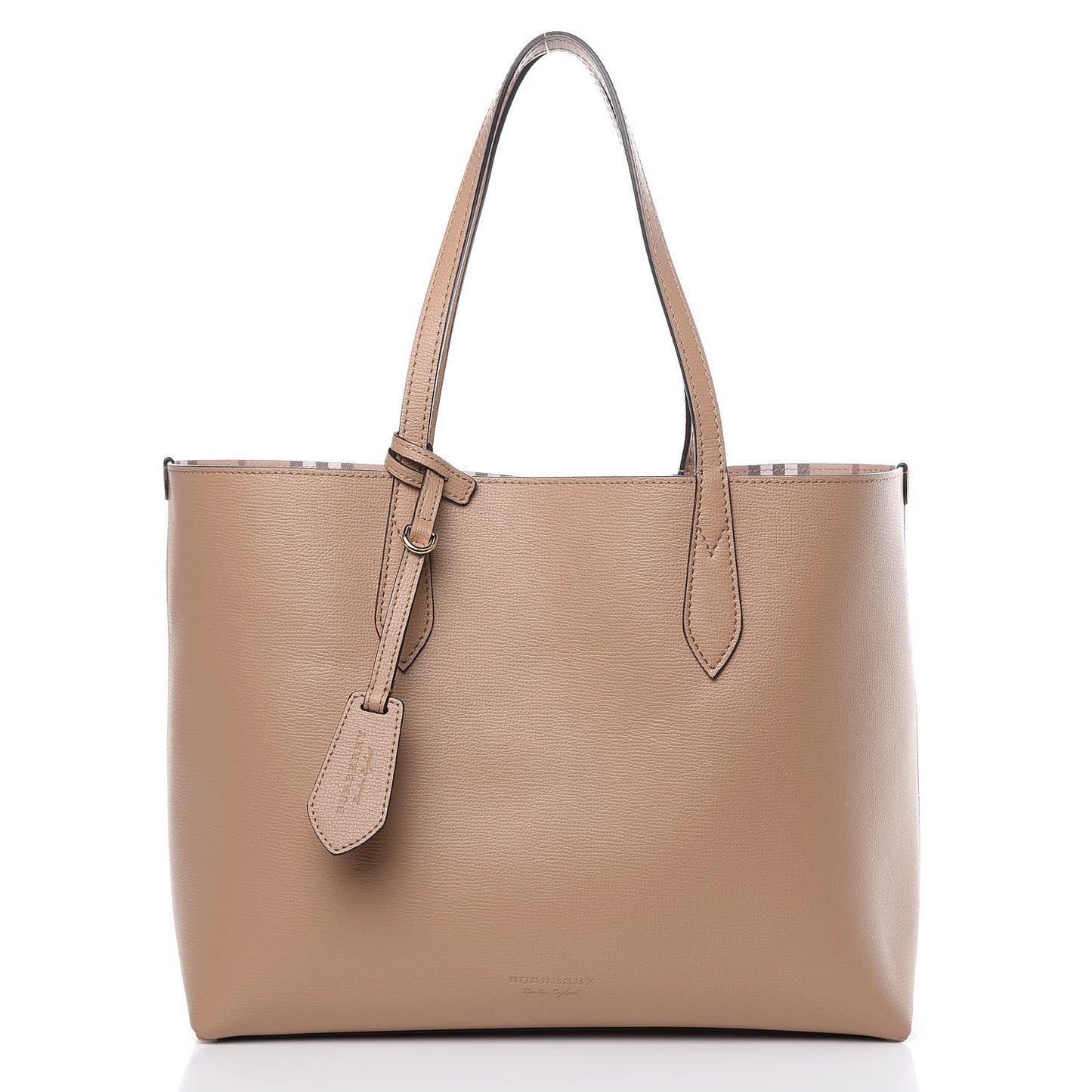 Grainy Calfskin Haymarket Check Medium Reversible Tote Camel