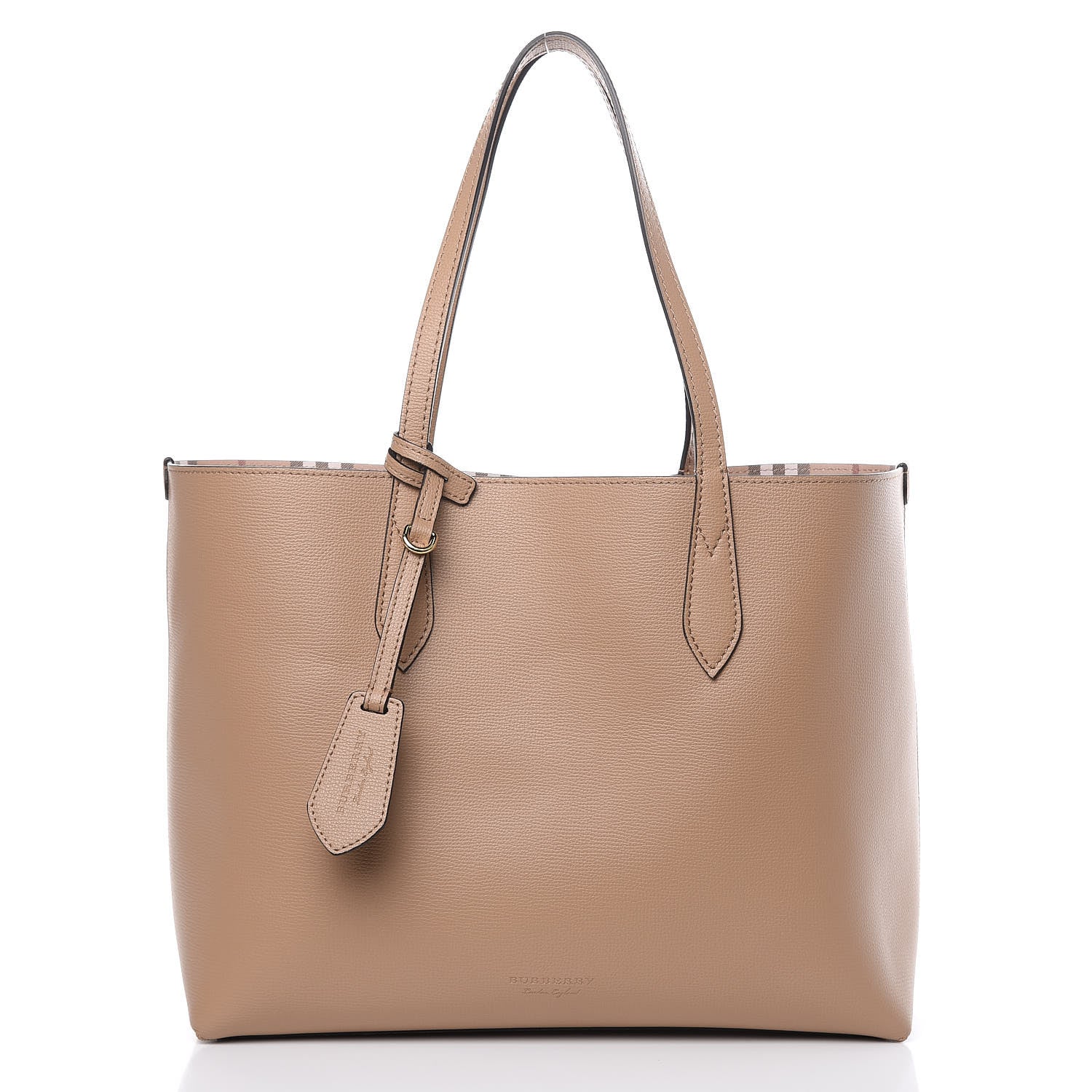 Burberry Grainy Calfskin Haymarket Check Medium Reversible Tote Camel 3 of 15
