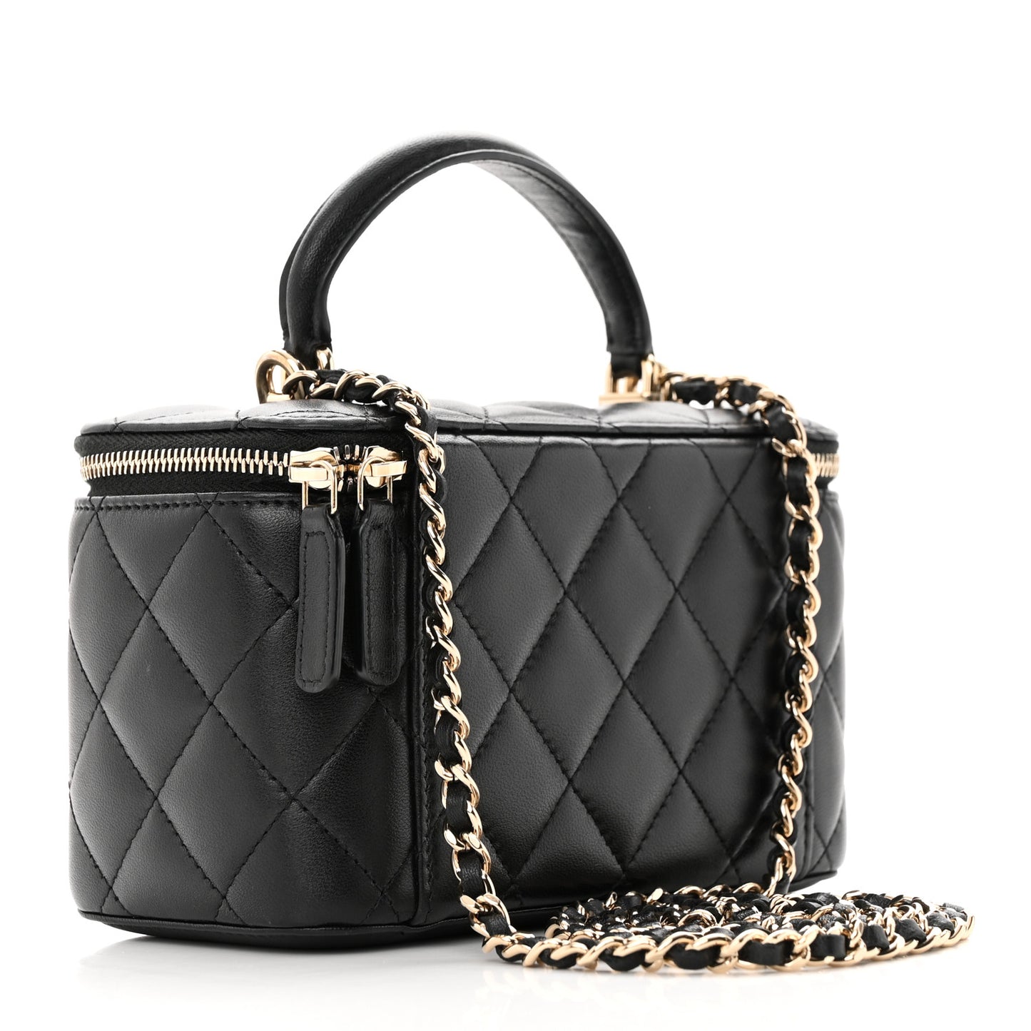 Lambskin Quilted Small Top Handle Vanity Case With Chain Black