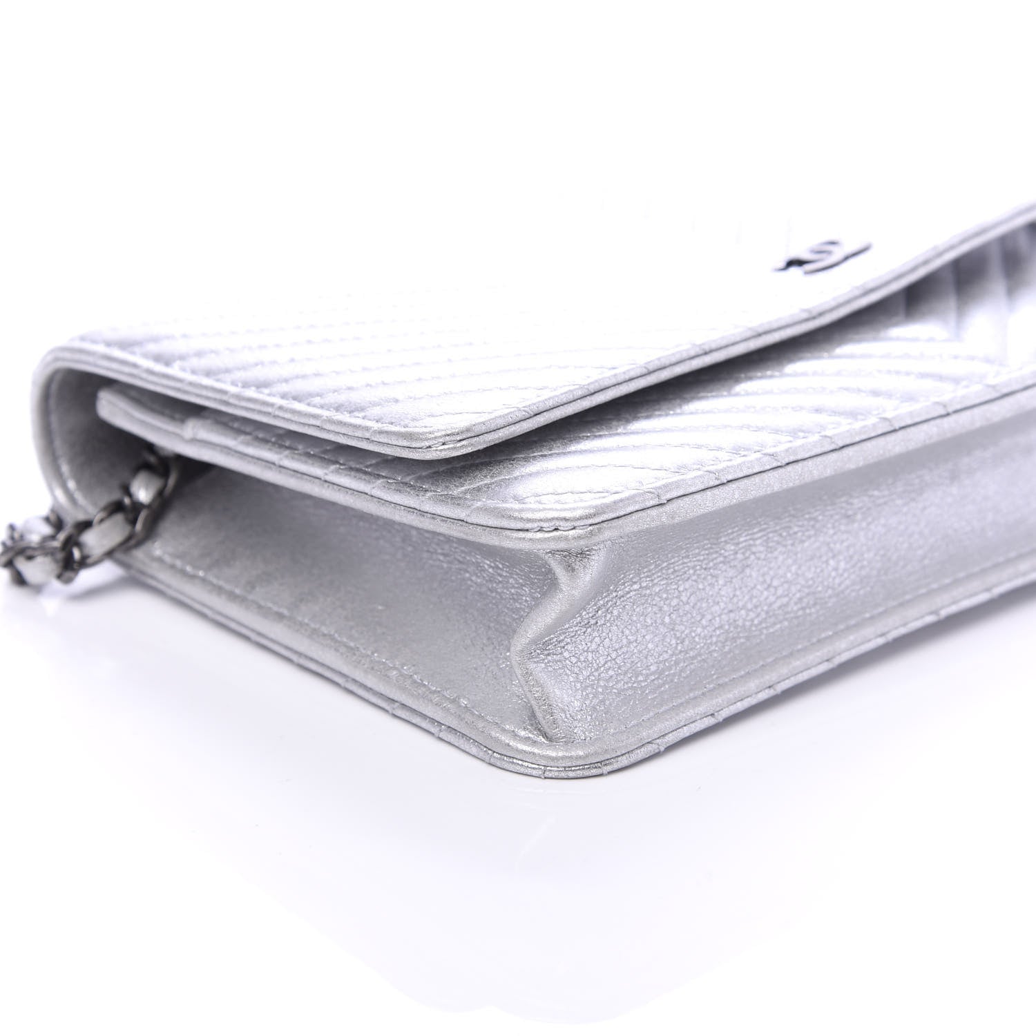 Chanel Metallic Lambskin Chevron Wallet On Chain WOC Silver 6 of 11