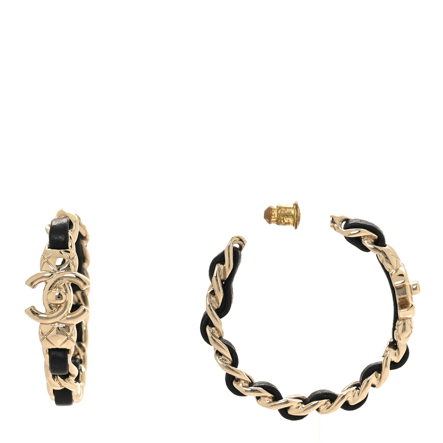Metal Lambskin Quilted CC Turnlock Chain Hoop Earrings Gold Black