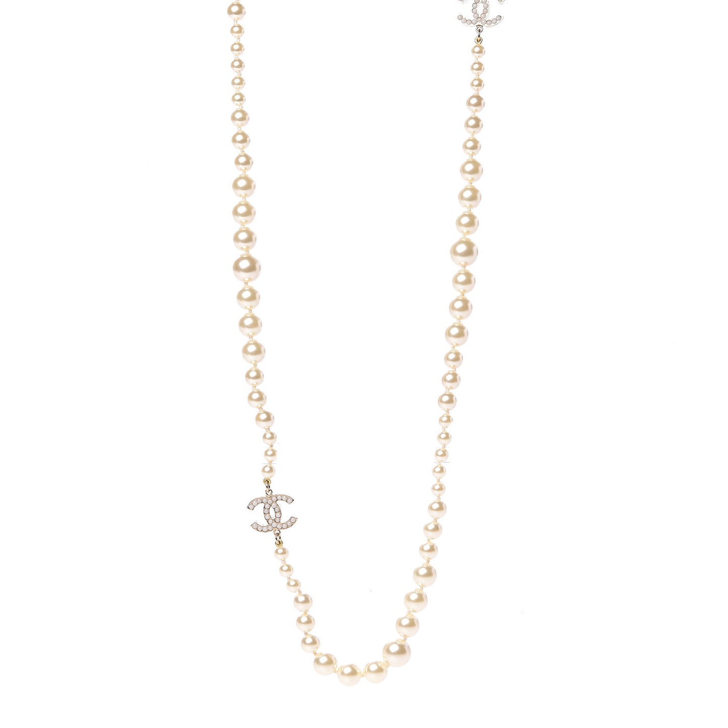 Graduated Pearl CC Long Necklace Light Gold