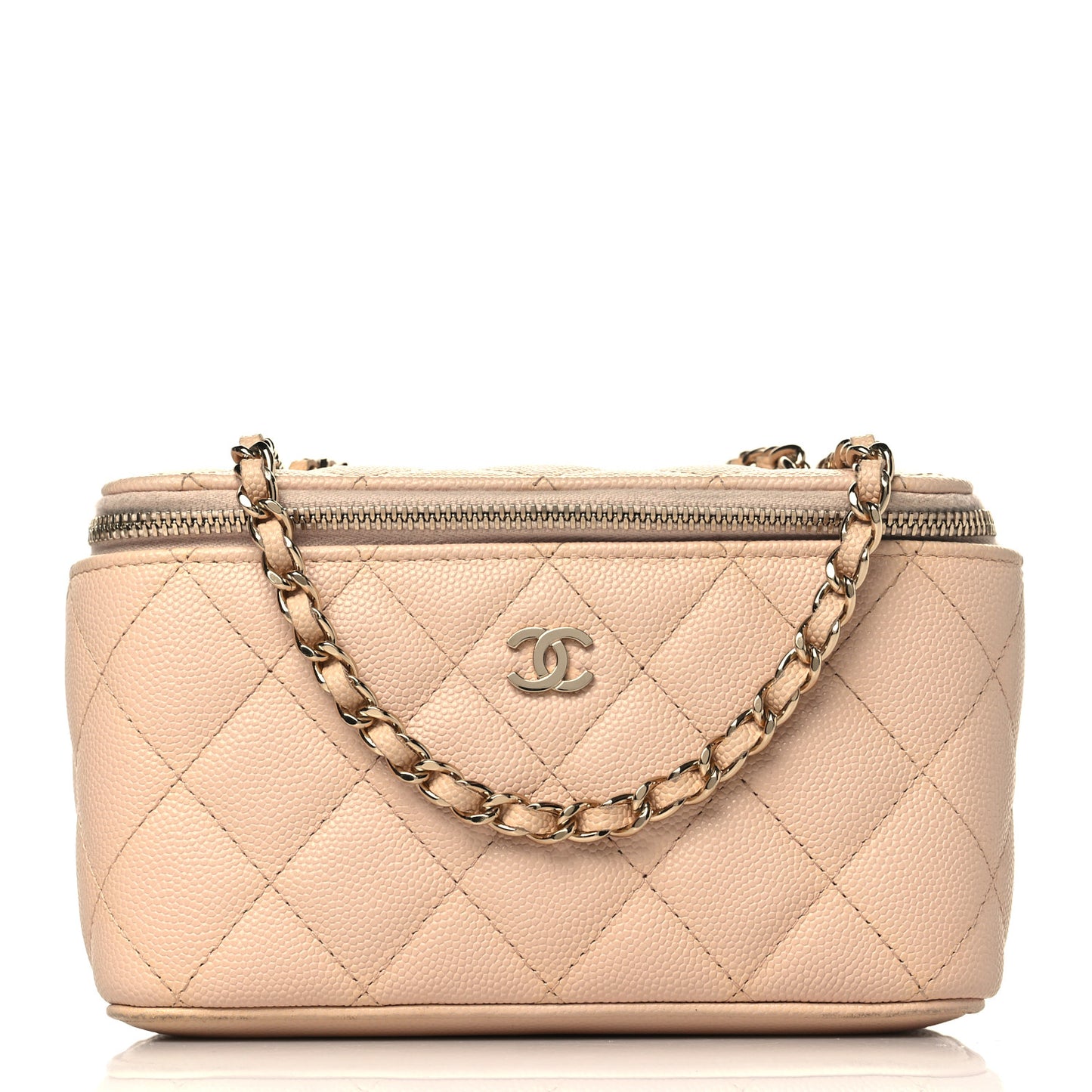 Caviar Quilted Small Vanity Case With Chain Light Beige