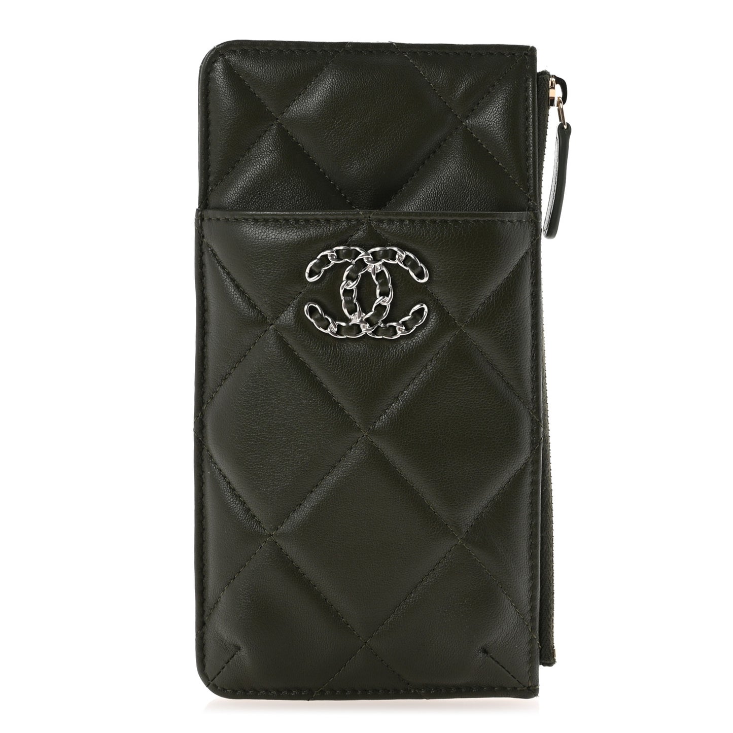 Lambskin Quilted Chanel 19 Phone and Card Holder Khaki