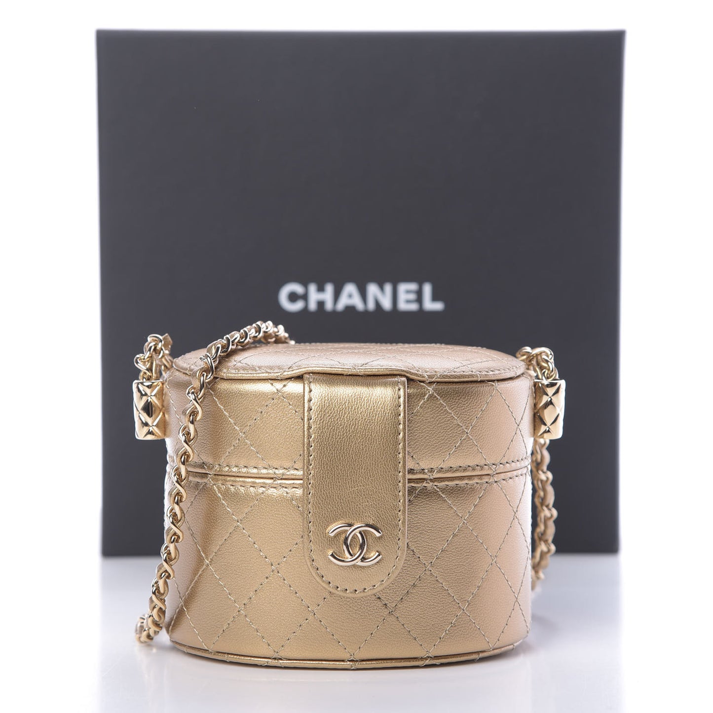 Metallic Lambskin Quilted Round Mini Vanity Case With Chain Gold