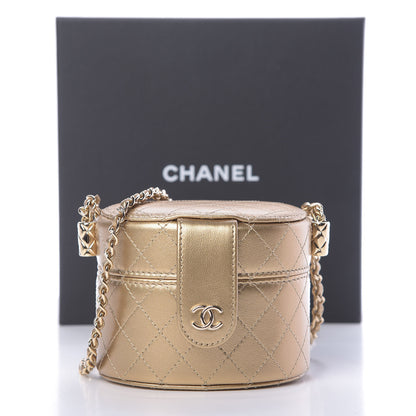 Chanel Metallic Lambskin Quilted Round Mini Vanity Case With Chain Gold 11 of 11