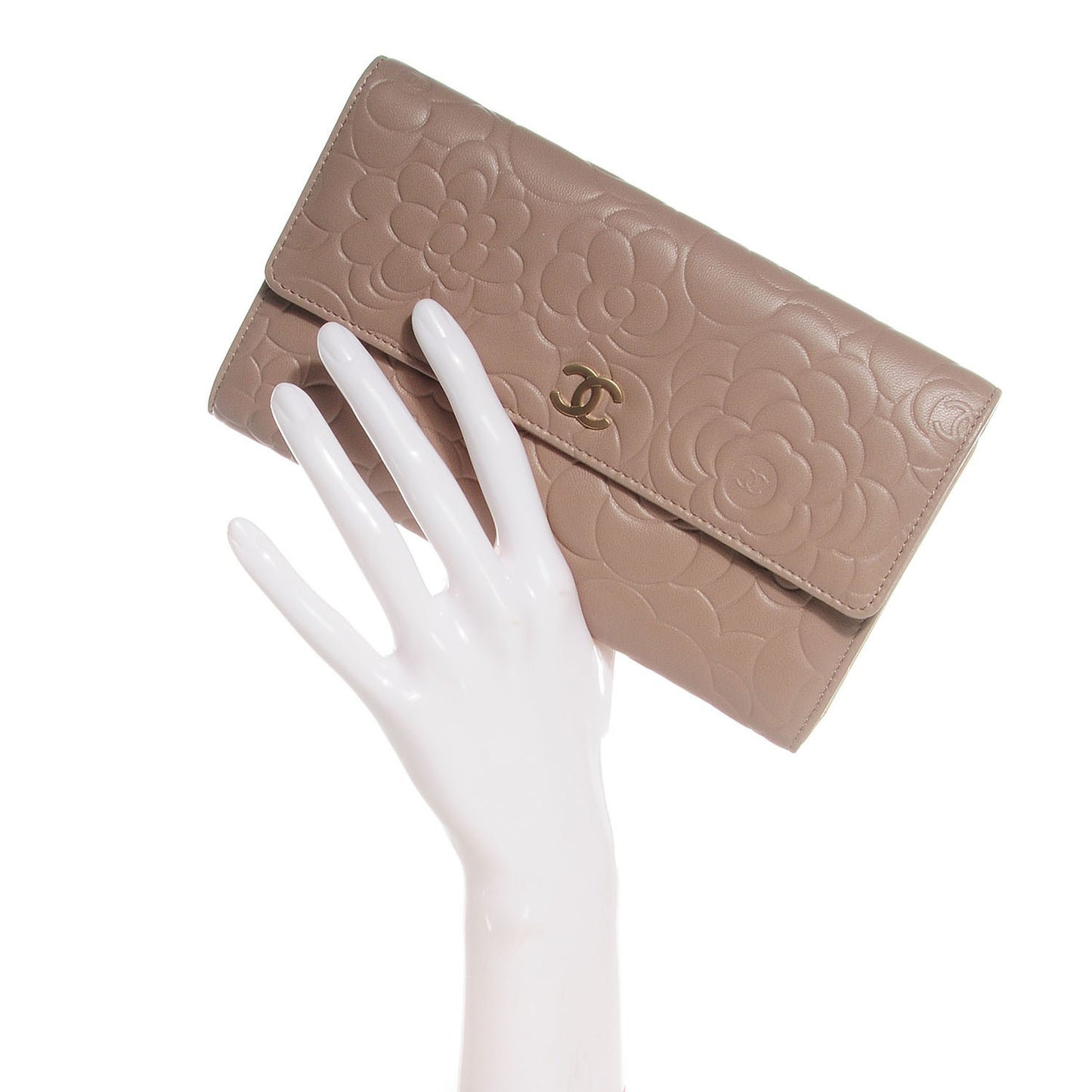Lambskin Camellia Embossed Large Gusset Flap Wallet Beige