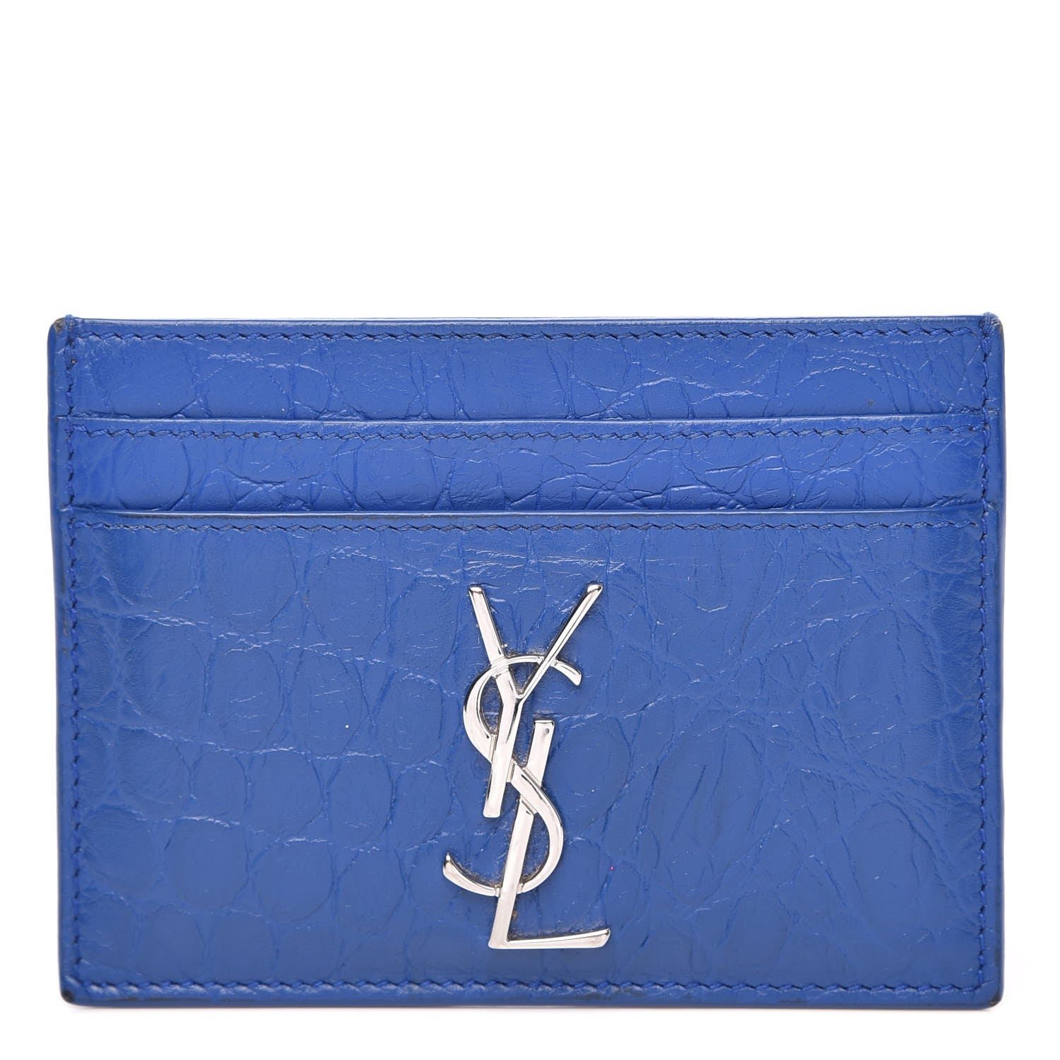 Saint Laurent Calfskin Crocodile Embossed Monogram Credit Card Case Royal Blue 1 of 8
