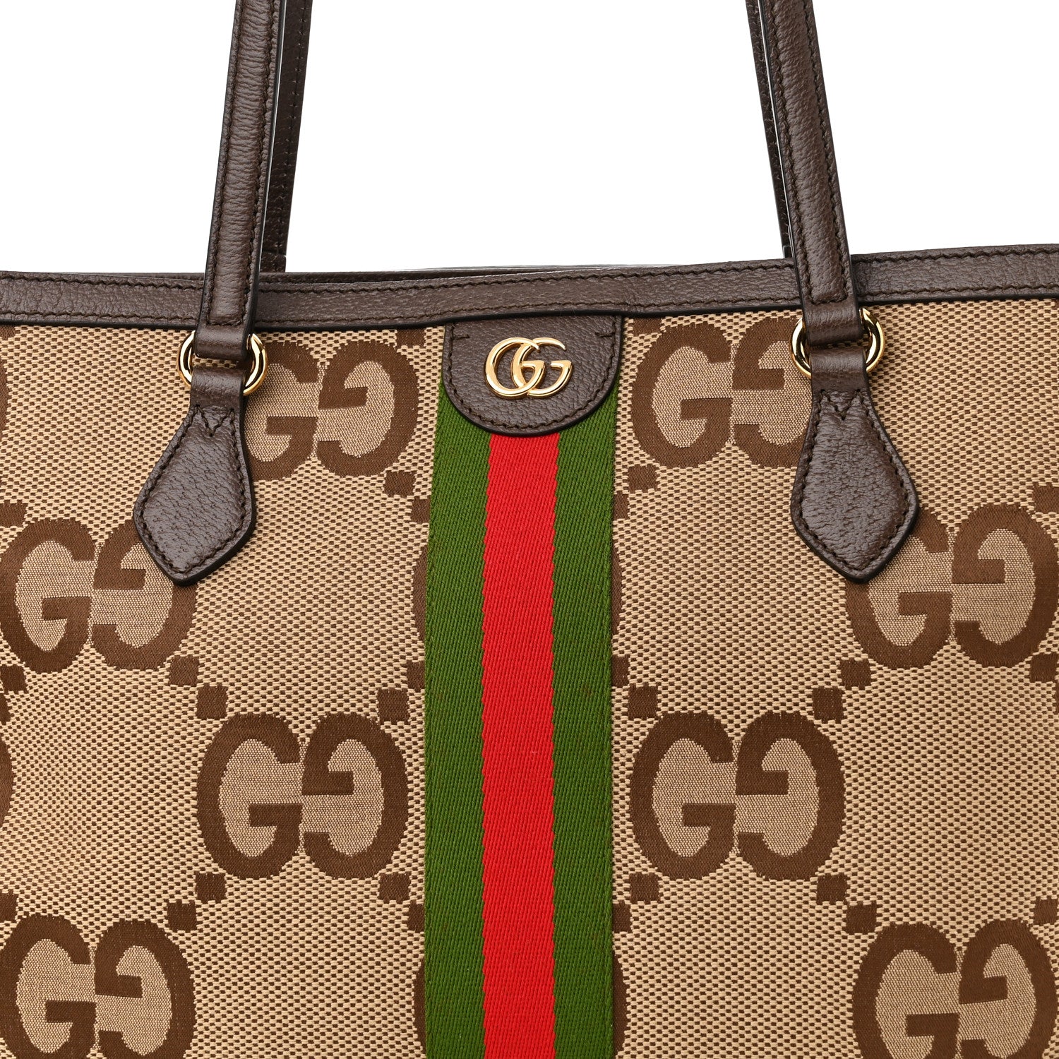 Gucci Monogram Jumbo GG Textured Dollar Calfskin Web Medium Ophidia Shopping Tote Camel Ebony 9 of 11