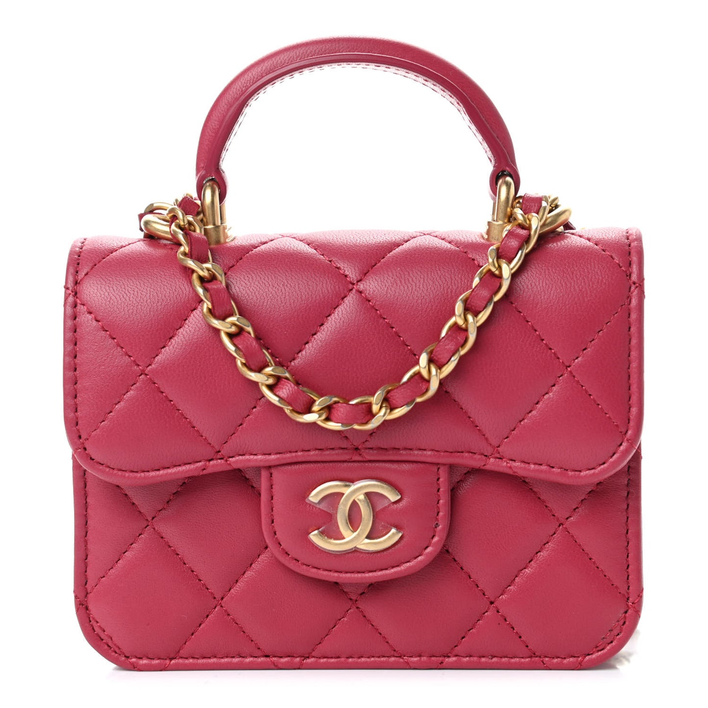 Lambskin Quilted Top Handle Flap Coin Purse With Chain Dark Pink