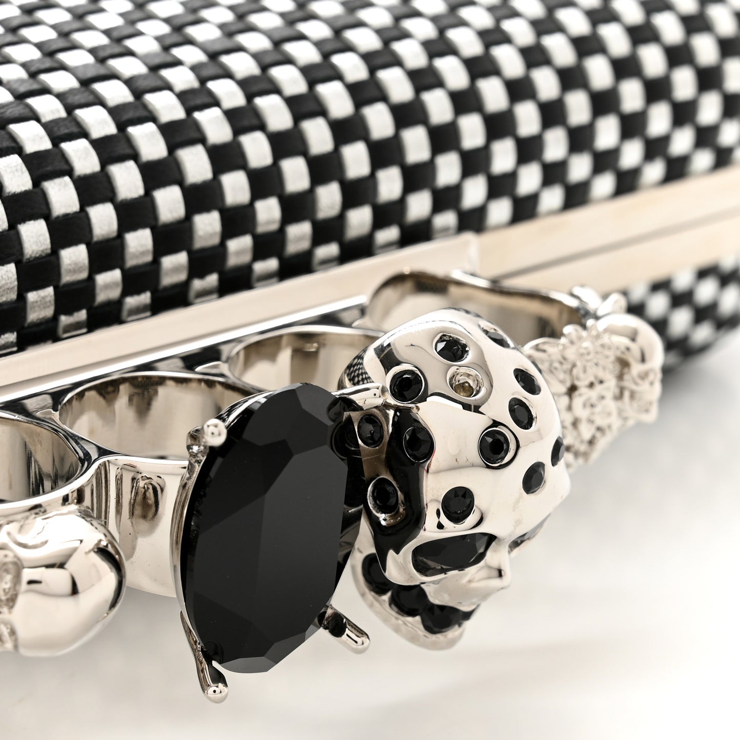Woven Metallic Calfskin Skull Knuckle Box Clutch Silver Black