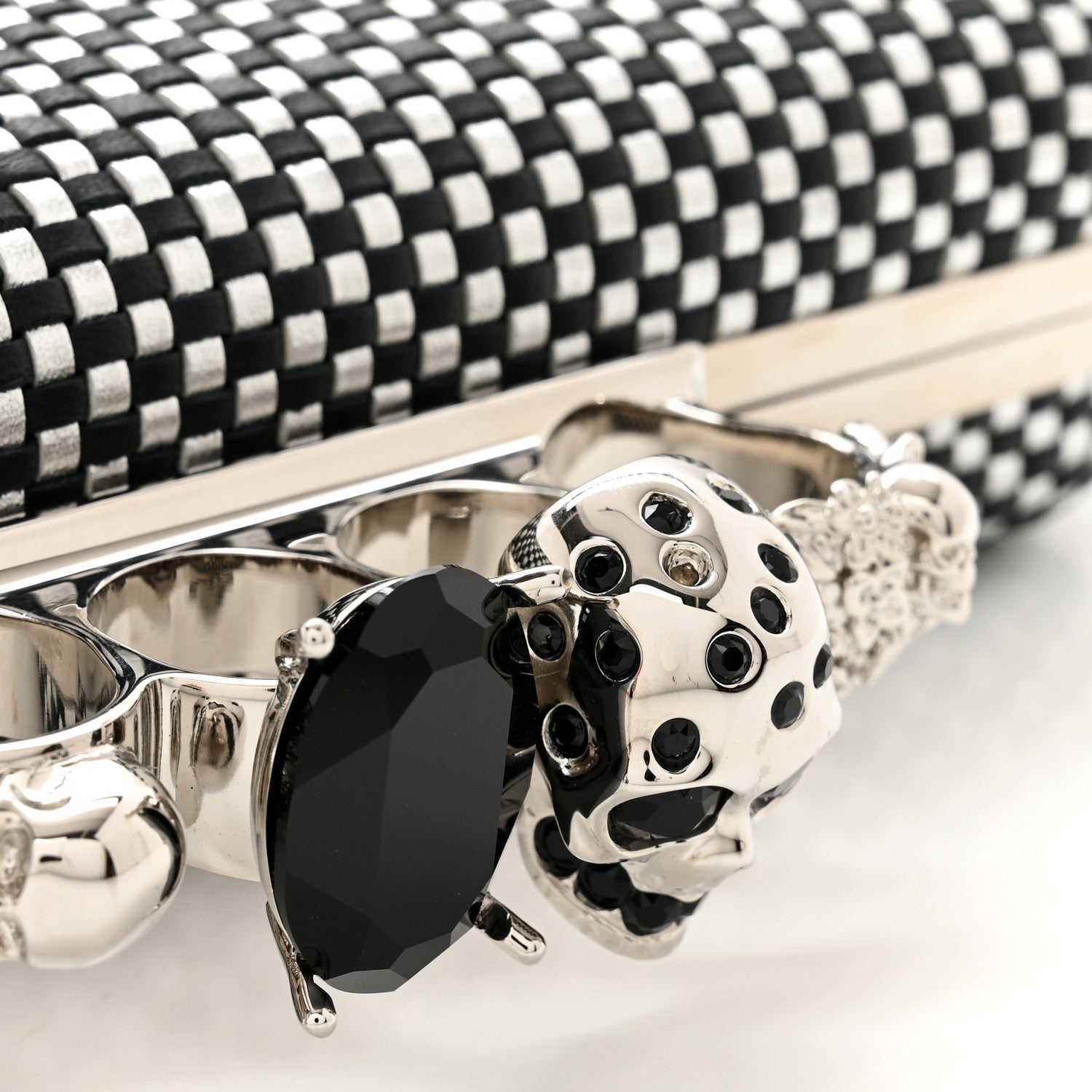 Alexander McQueen Woven Metallic Calfskin Skull Knuckle Box Clutch Silver Black 8 of 8